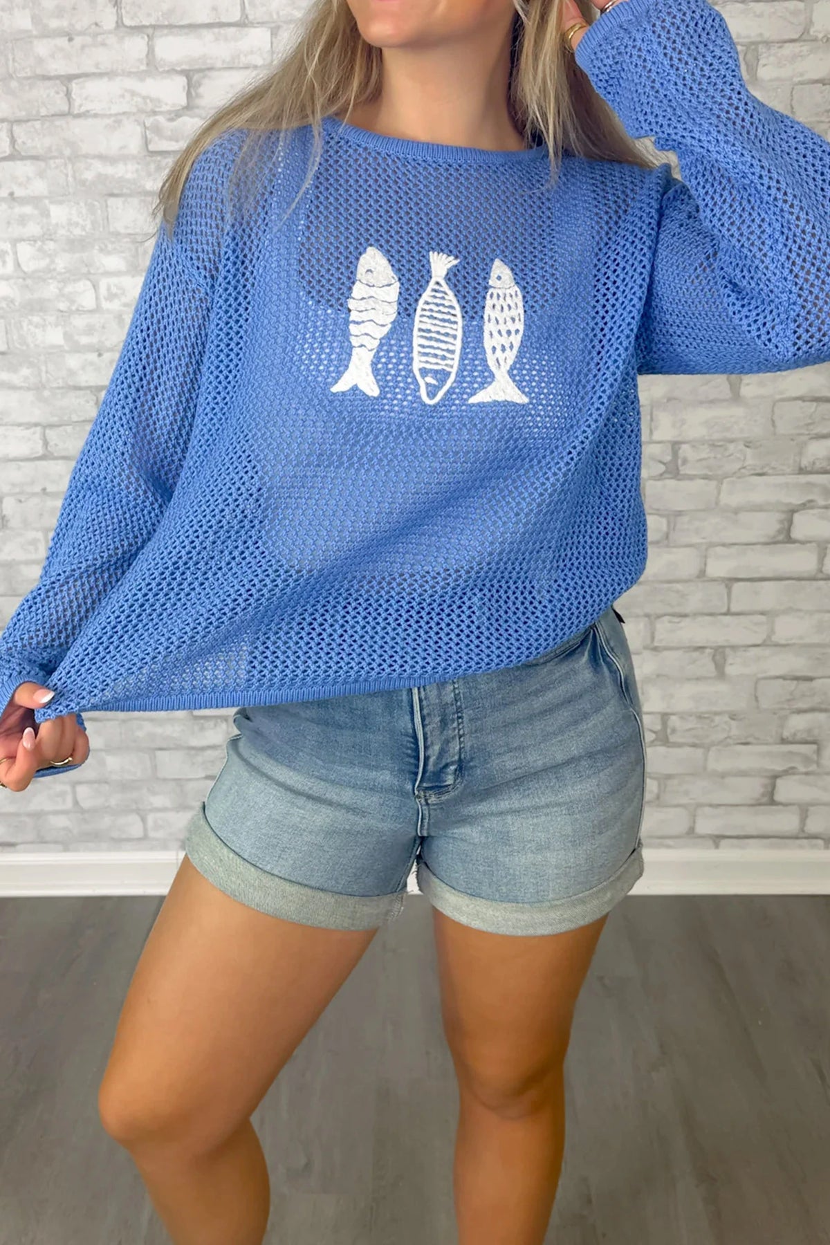 White Open Knit Fish Embroidered Casual Sweater