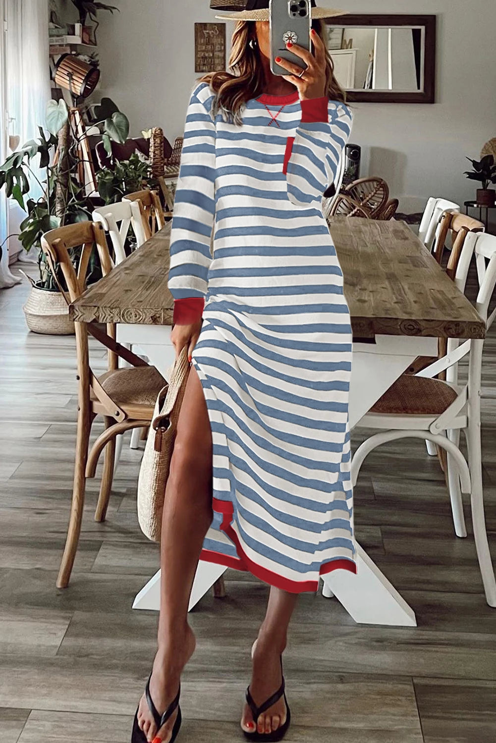 Striped Print Contrast Edge Long Sleeve Midi Dress with Side Splits