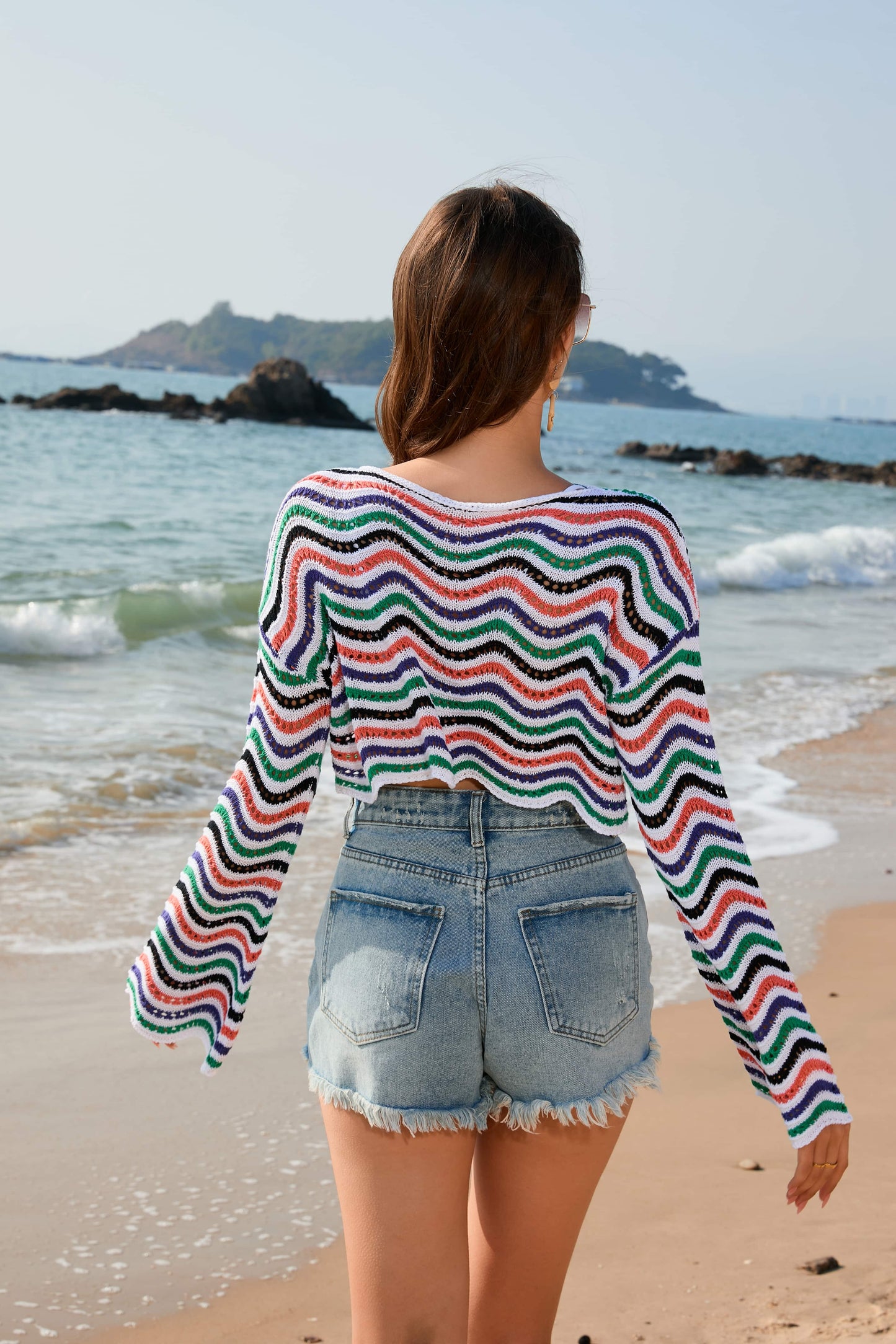 Crochet Striped Swimwear Cutout Beach Round Neck