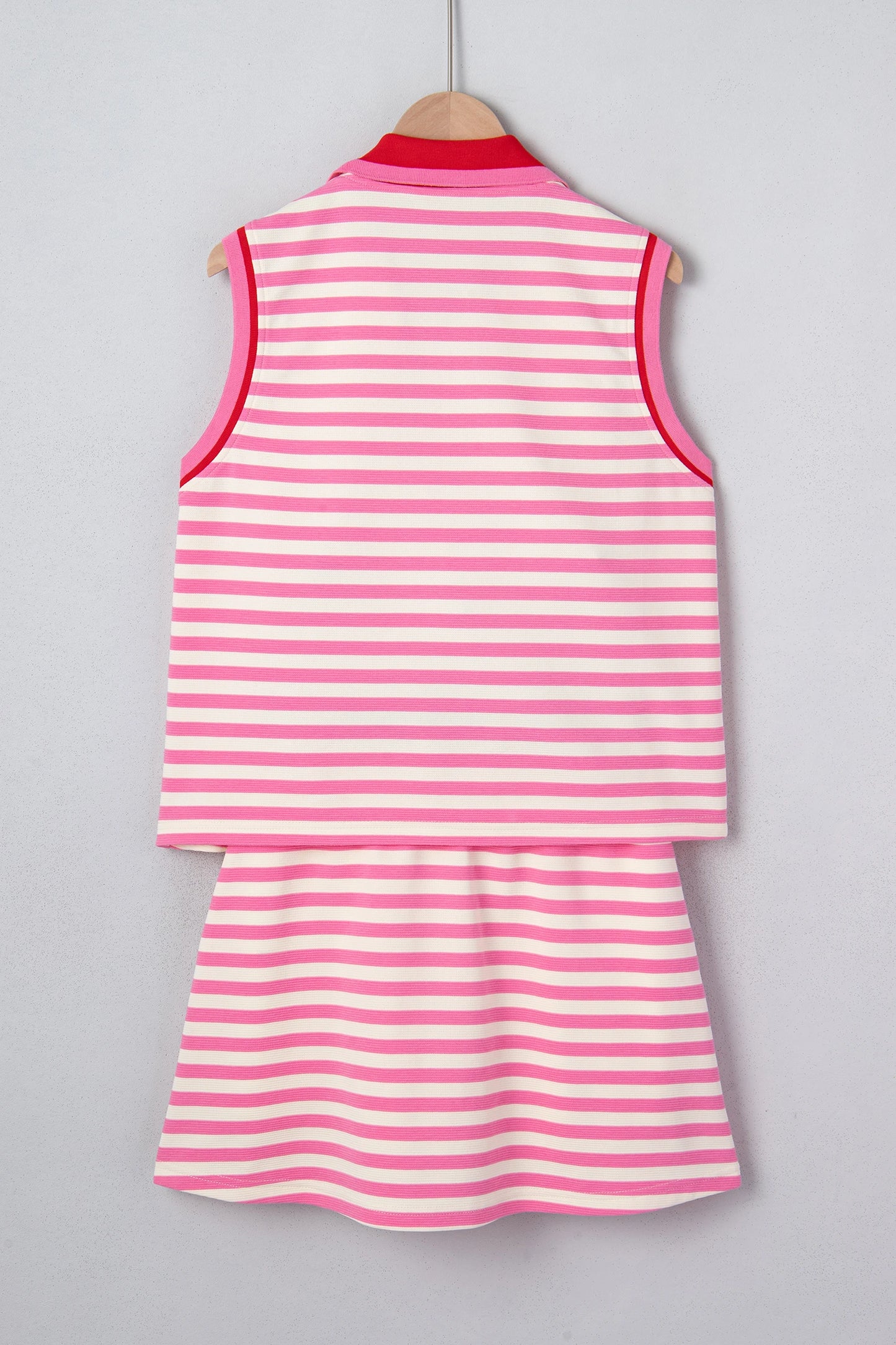 Textured Stripe Print Contrast Trim Zip Collar Sleeveless 2pcs Skort Set