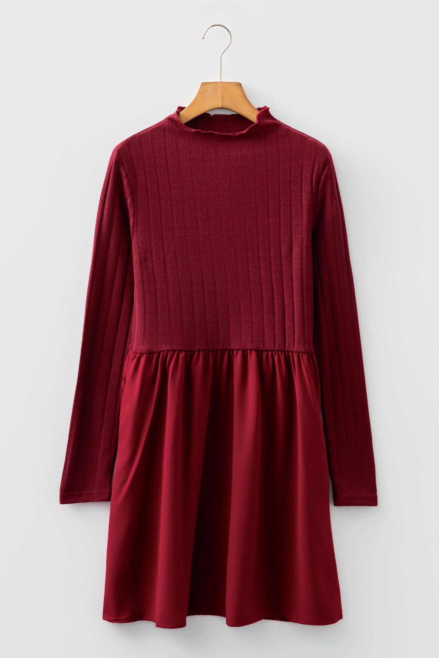 Black Frilled Neck Ribbed Knit Patchwork Long Sleeve Mini Dress