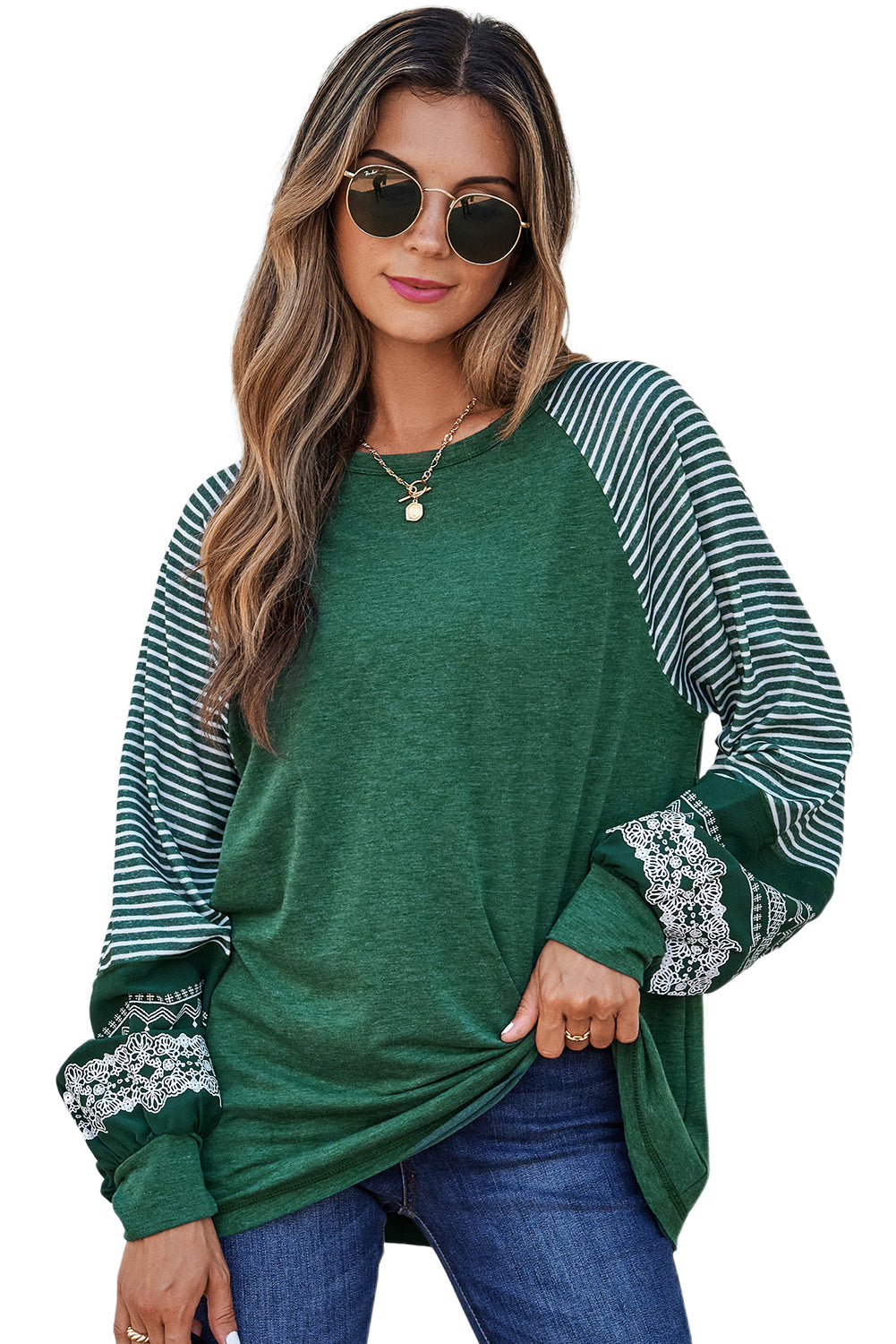 Tillandsia Purple Contrast Print Striped Raglan Long Sleeve Loose Top