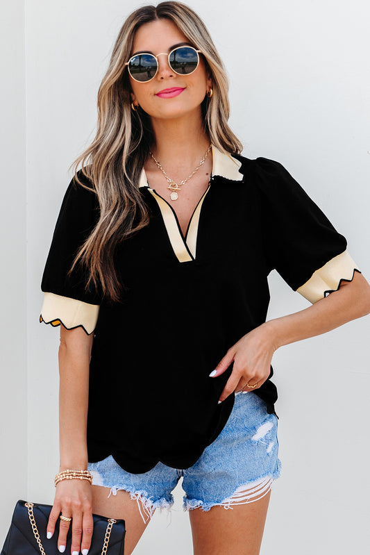 Black Color Contrast Collared V Neck Puff Sleeve Blouse