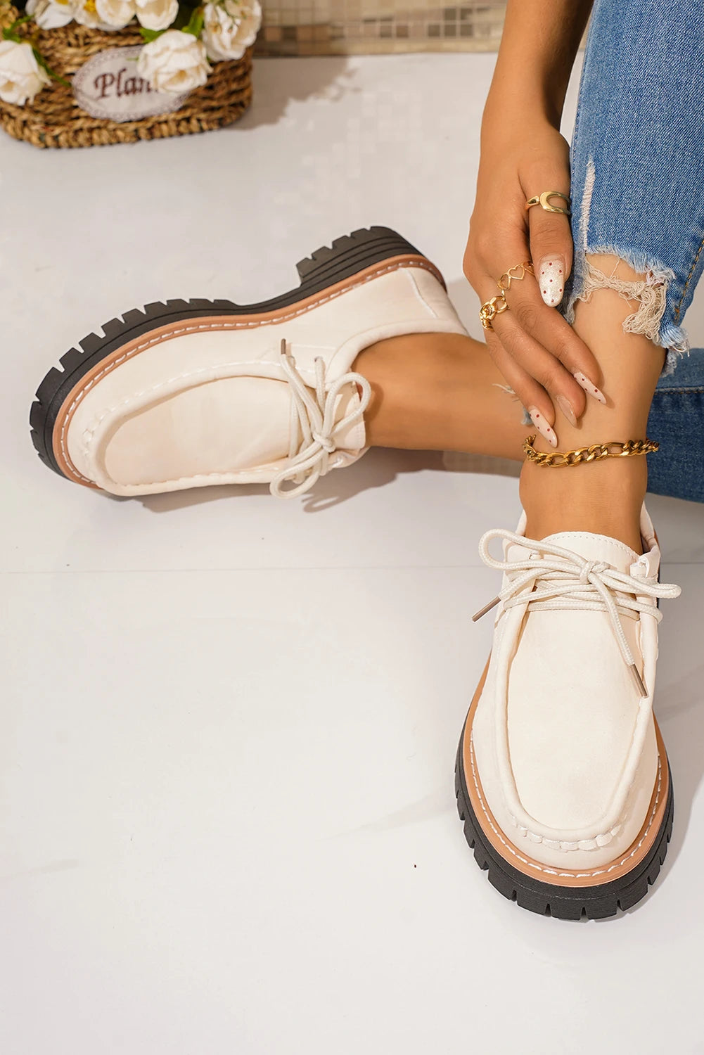 White PU Leather Lace-up Detail Contrast Lug Sole Shoes