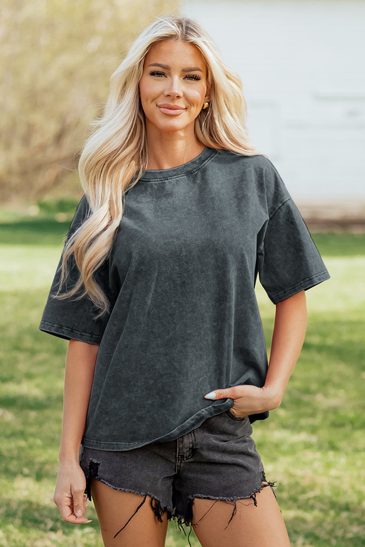 Solid Cotton Tee Vintage Washed Oversized Casual Top