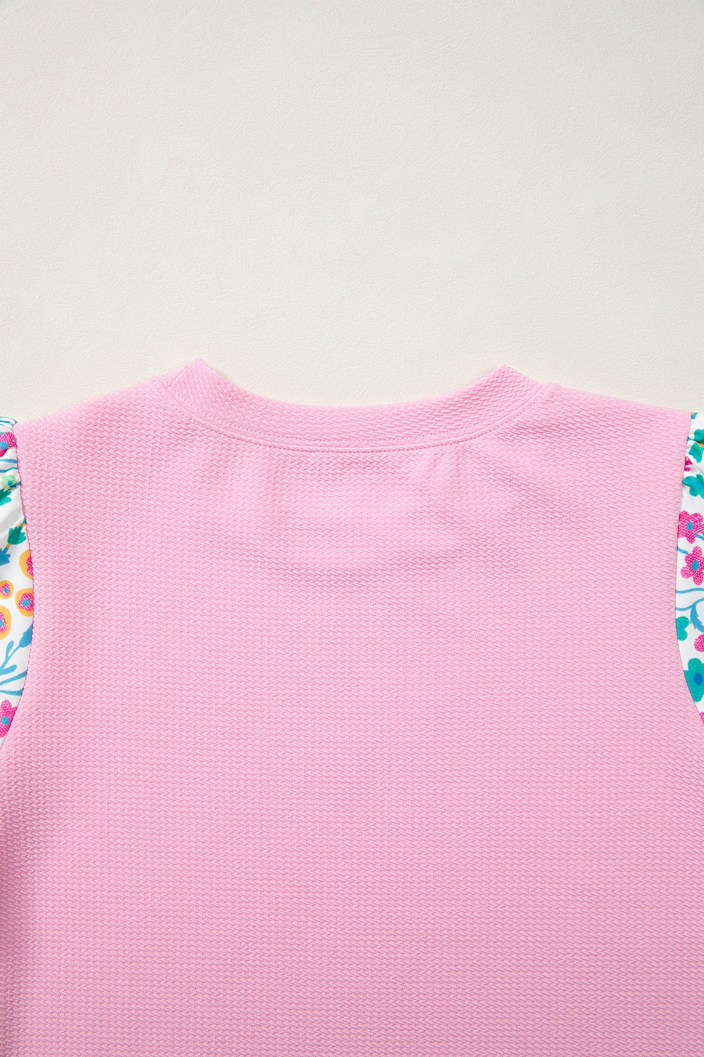 Light Blue Round Neck Textured Contrast Floral Bubble Sleeve Blouse