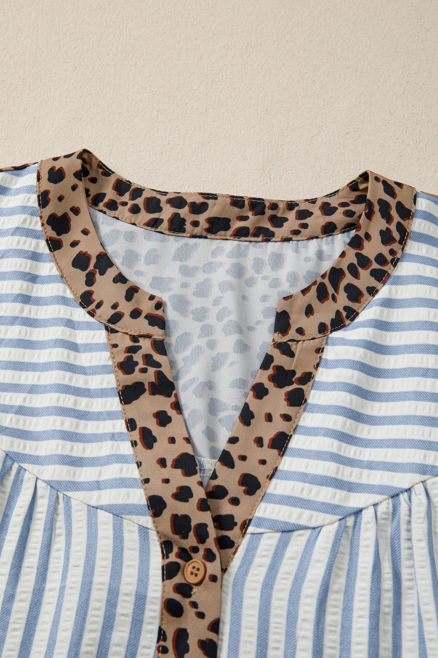 Pink Stripe Leopard Trim V Neck Button Down Half Sleeve Shirt