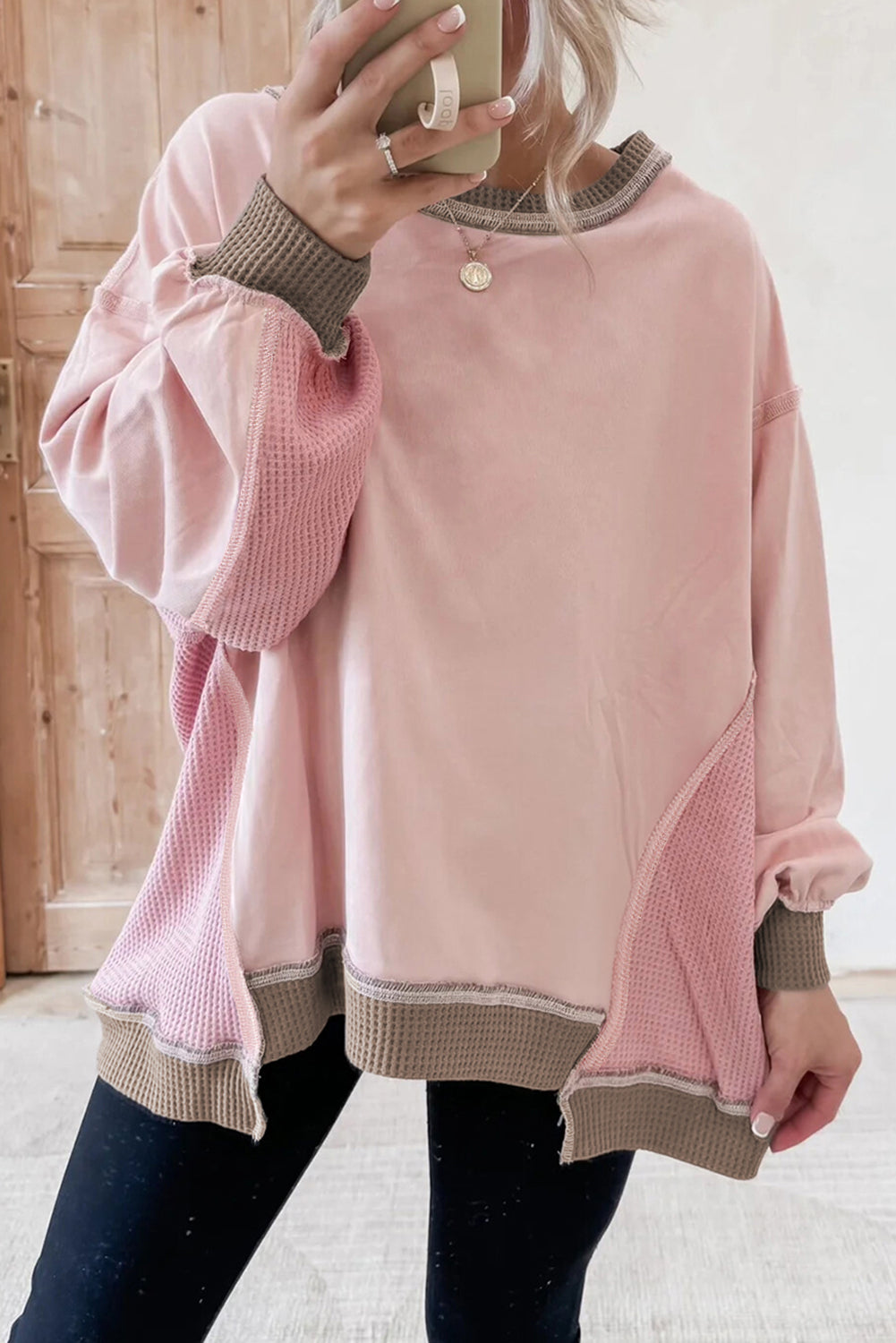 Color Block Mix Texture Waffle Patchwork Oversize Sweatshirt