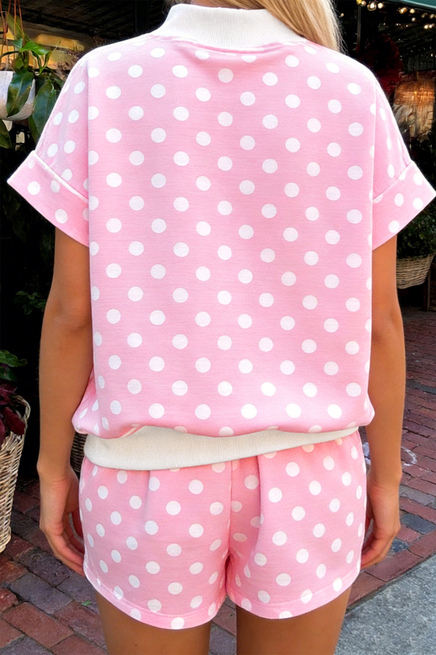 Sky Blue Polka Dot Print Color Block Trim Mock Neck Short Set