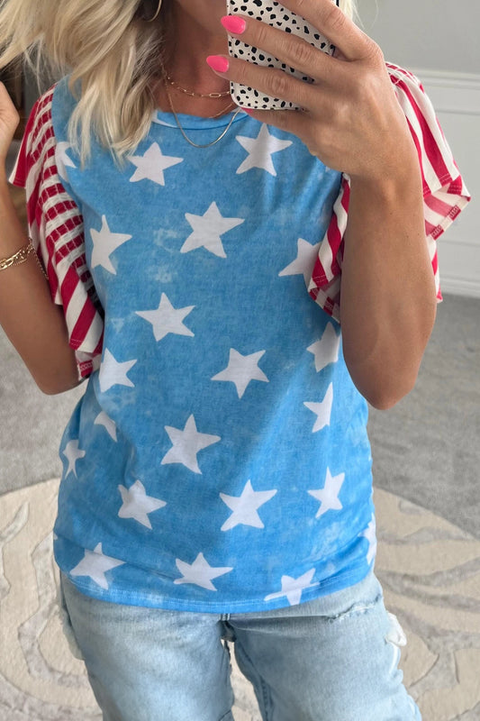 Sky Blue Vintage Star Print Striped Ruffle Sleeve Independence Day Top
