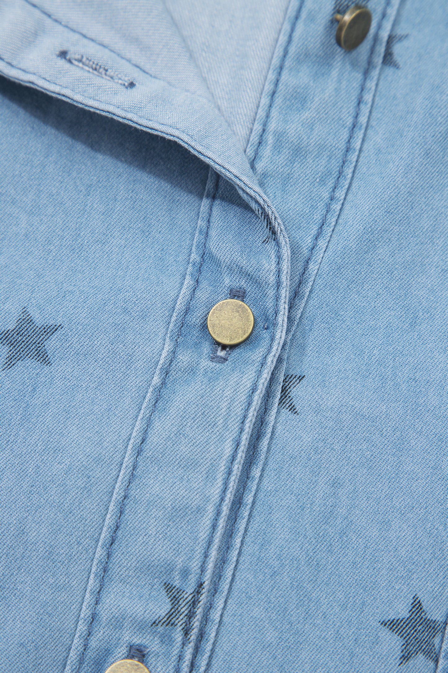 Beau Blue Star Allover Print Double Chest Pocket Short Sleeve Denim Shirt