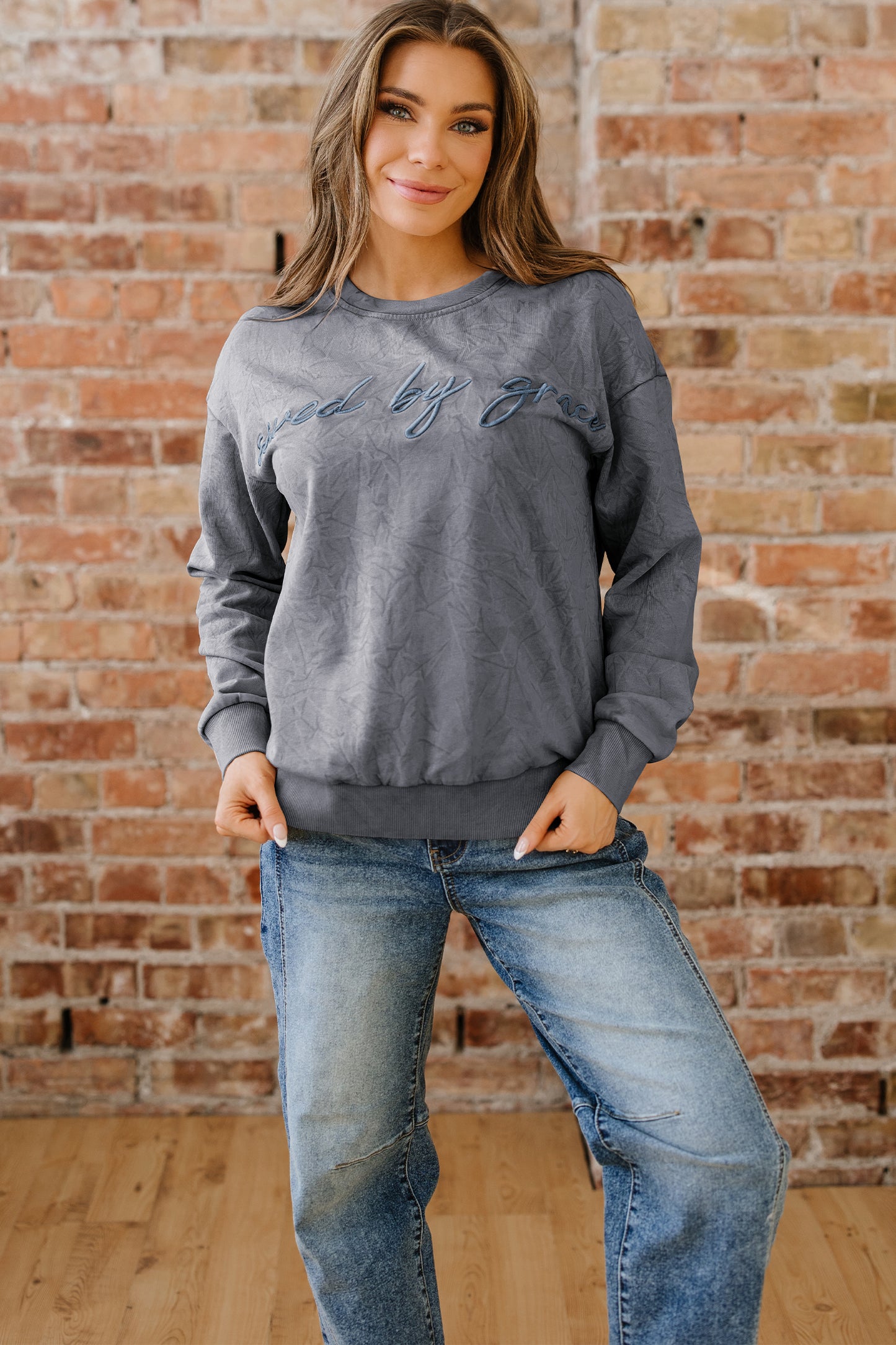 Saved by grace Letter Embroidery Mineral Wash Loose Sweatshirt