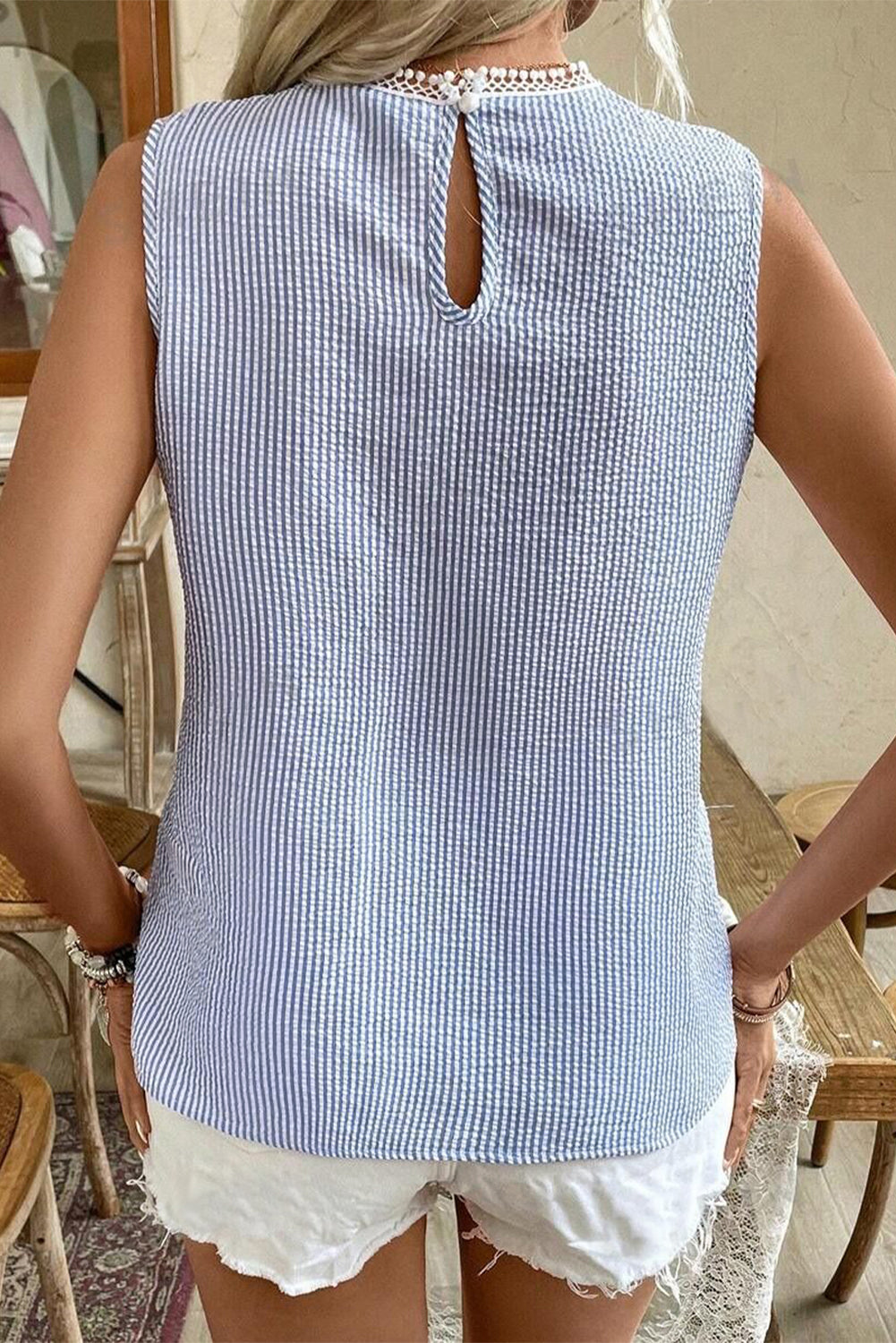 Sky Blue Stripe Lace Patchwork Crew Neck Tank Top