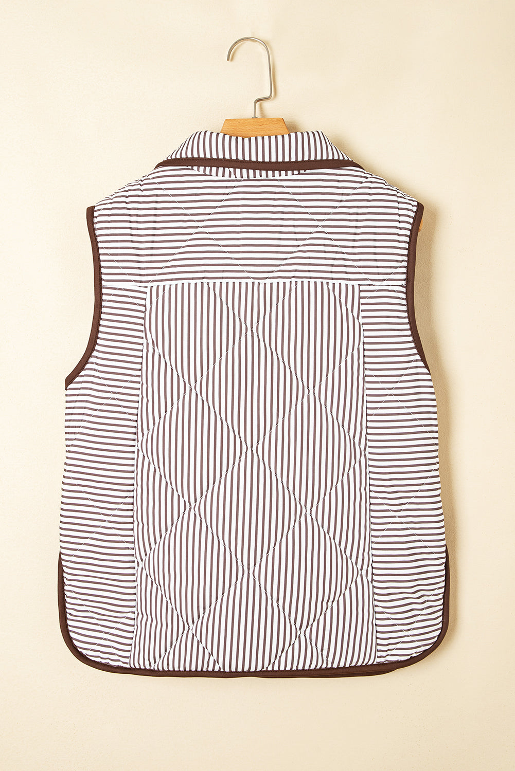 Brown Stripe Contrast Trim Snap Button Collared Winter Vest