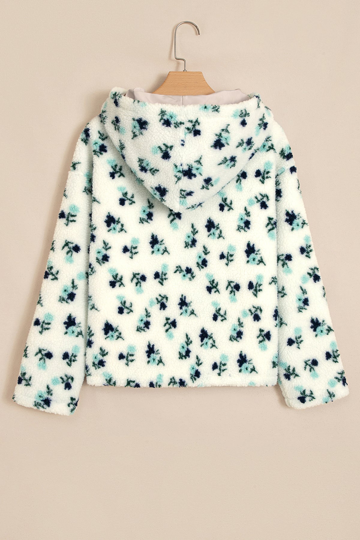 White Floral Print Faux Fur Hooded Metal Zip-up Winter Jacket