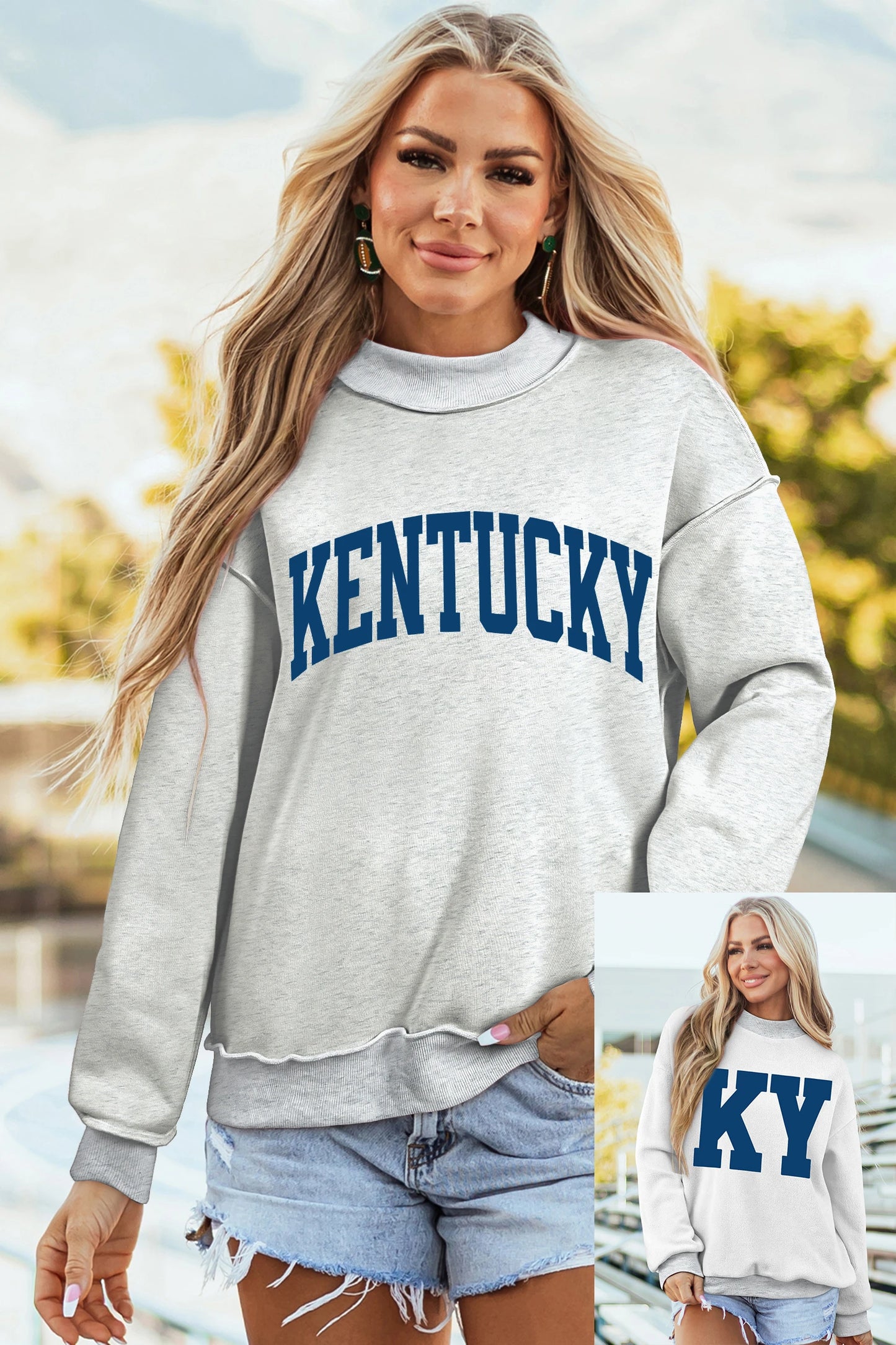Dark Blue KENTUCKY Leopard KY Letter Print Reversible High Neck Sweatshirt