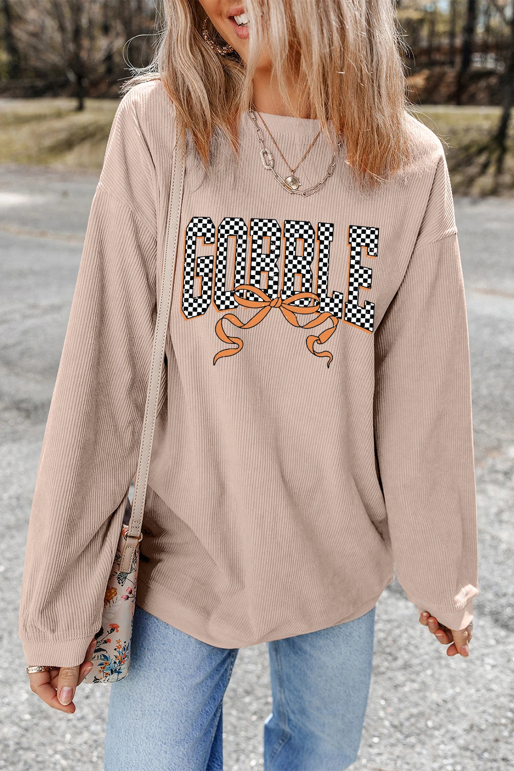 Apricot Twisted Ribbed Texture Checkered GOBBLE Bow Print Baggy Sweatshirt