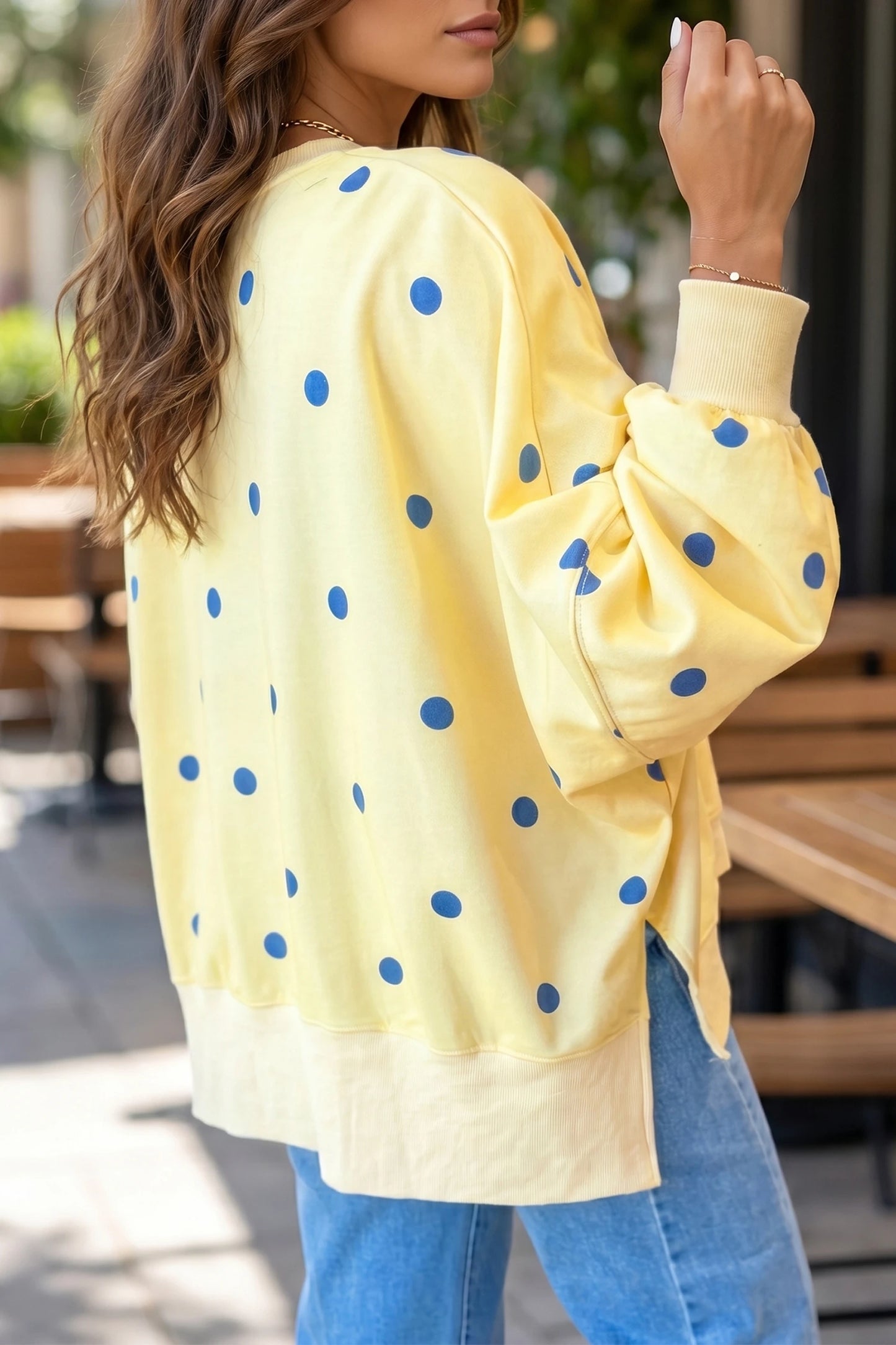 Loose-fit Long Sleeve Round Neck Polka Dot Tunic Sweatshirt