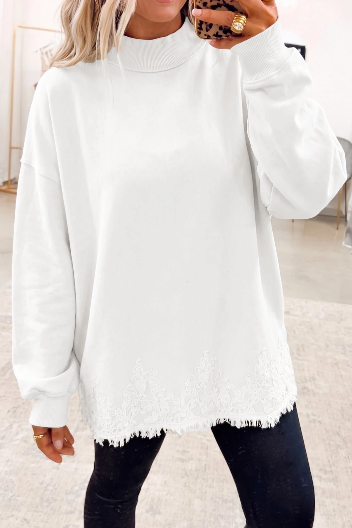 Racing Red Solid Color Lace Splicing Hem Mock Neck Pullover Sweatshirt