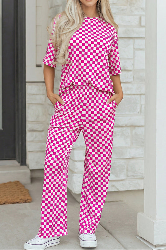 Rose Checkered Print Half Sleeve Tee 2pcs Lounge Pant Set