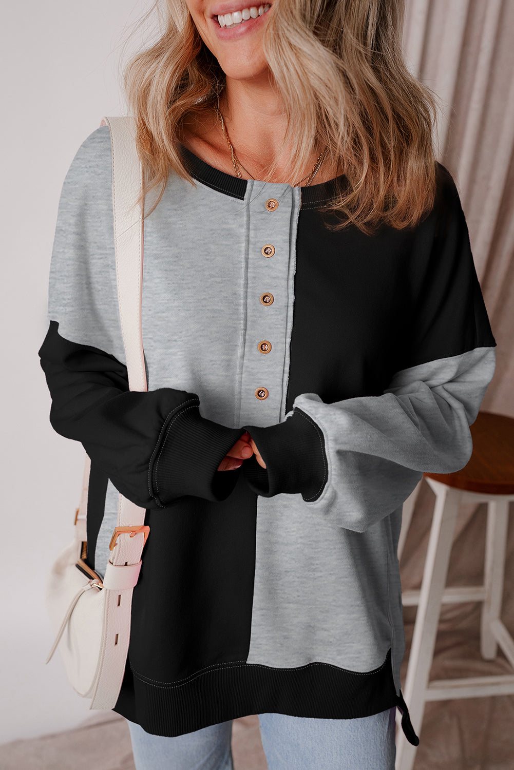 Parchment Colorblock Henley High Low Oversize Sweatshirt