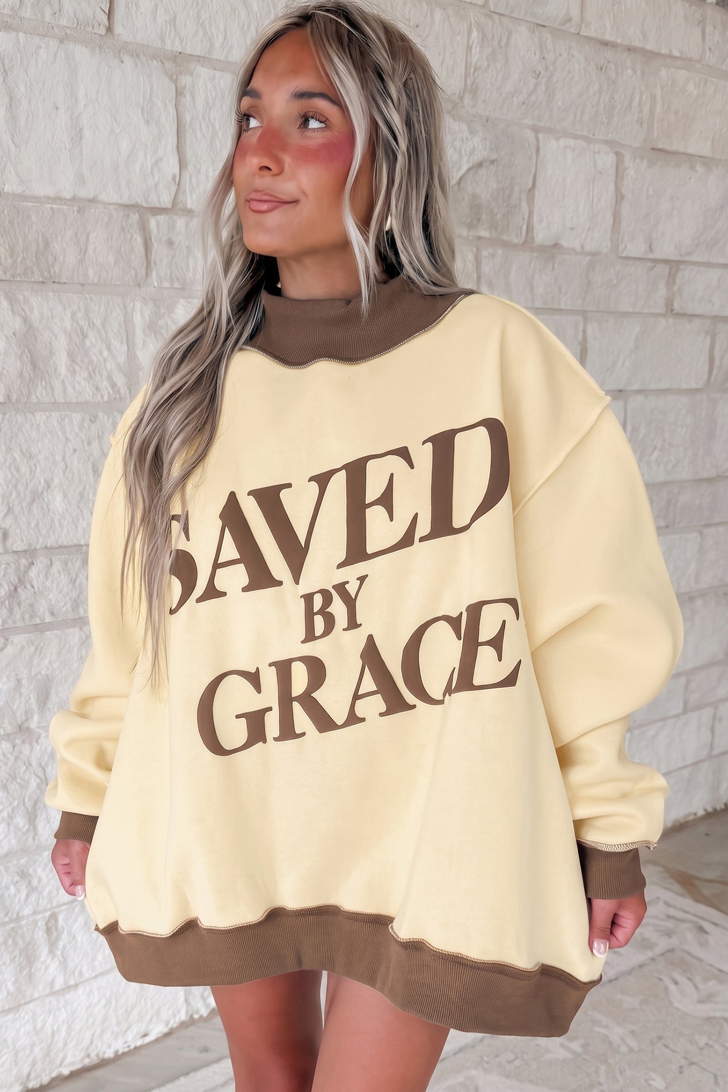 Beige Saved By Grace Print Color Block Mock Neck Oversized Sweatshirt
