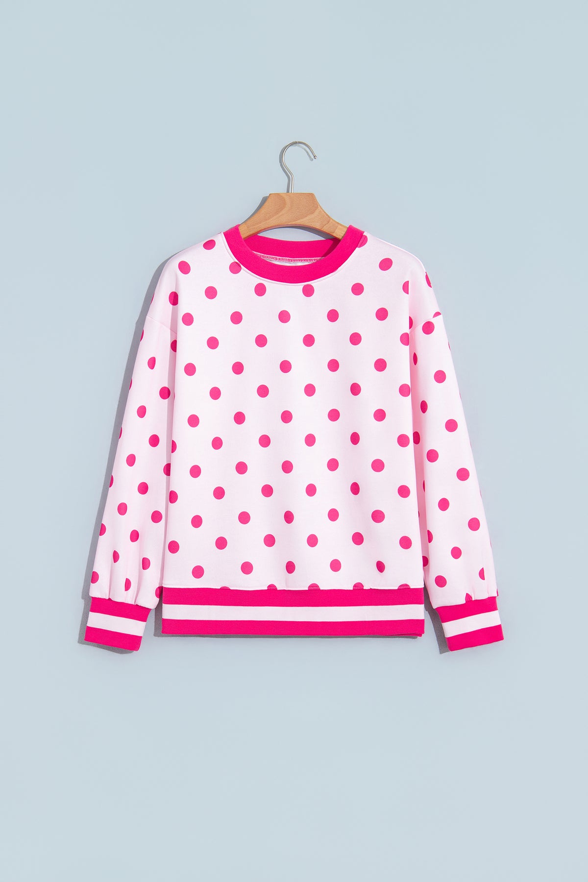 Pink Polka Dot Colorblock Round Neck Pullover Sweatshirt