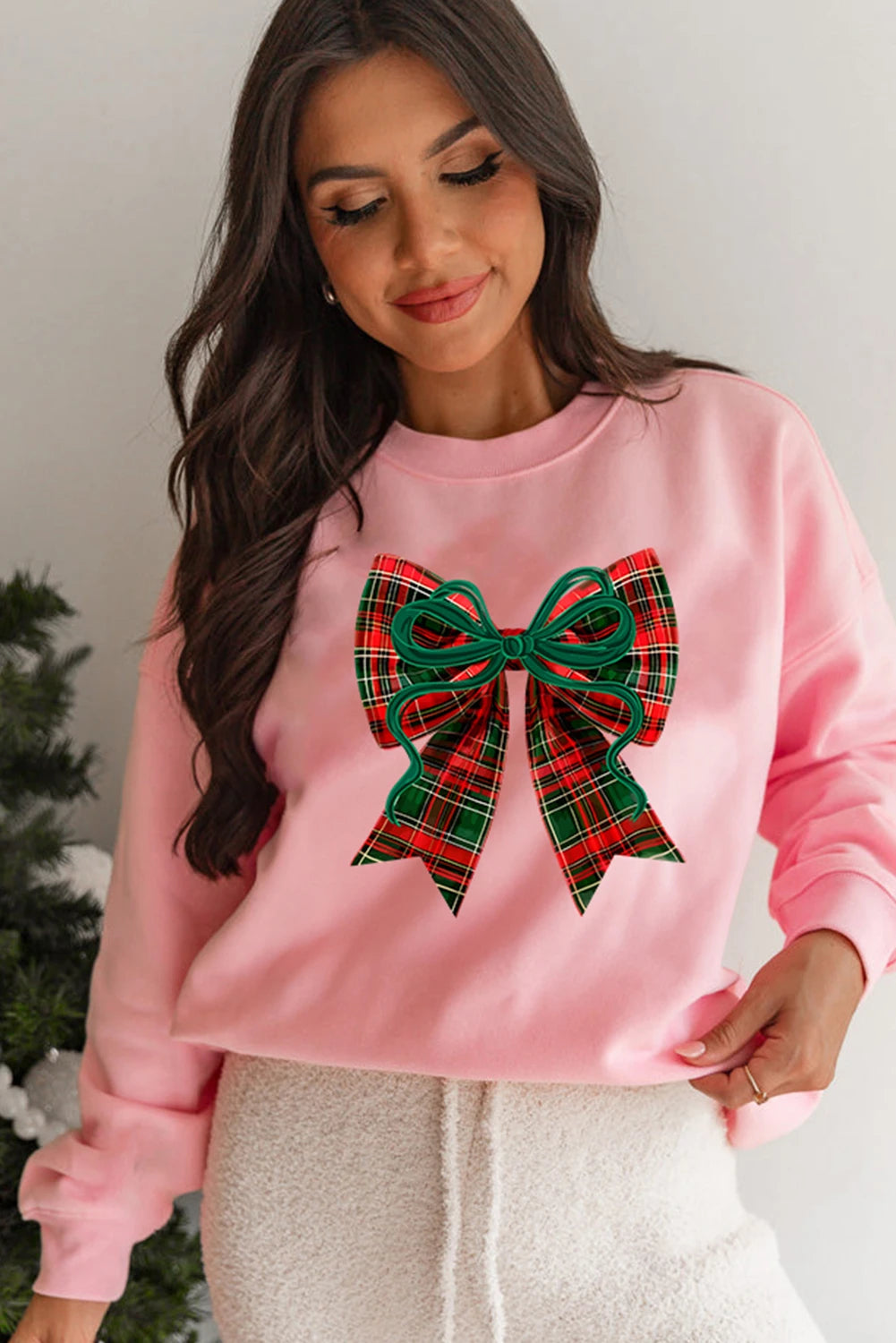 Pink Plaid Bow Christmas Vibe Print Sweatshirt