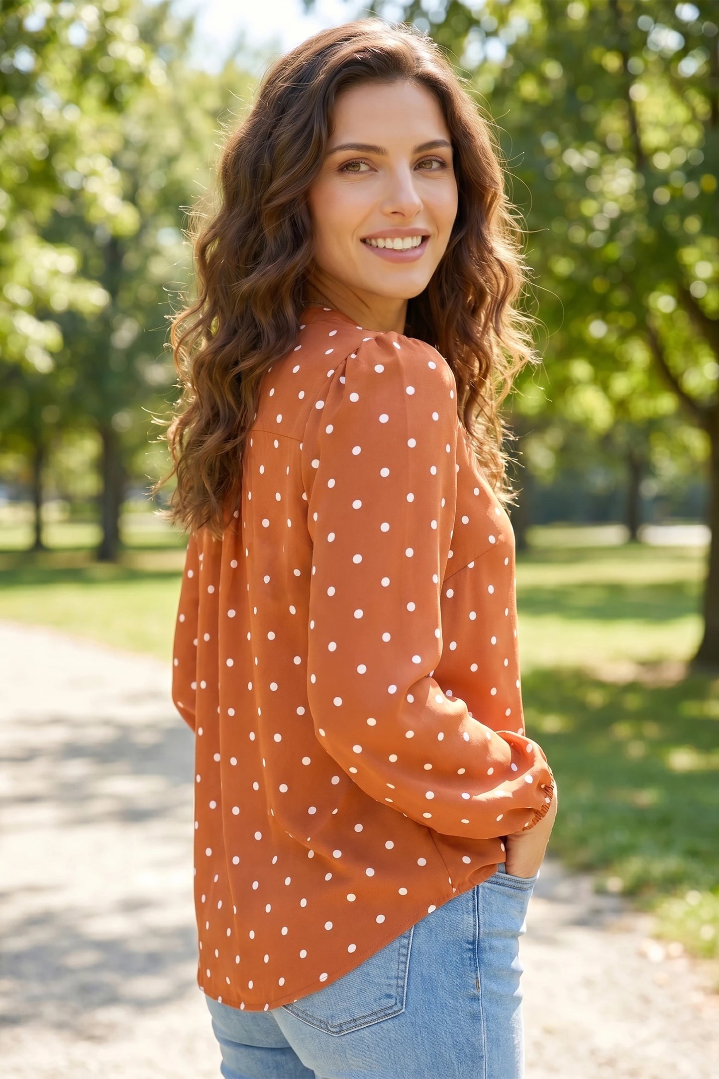 Polka Dot Half Button V Neck Long Sleeve Blouse
