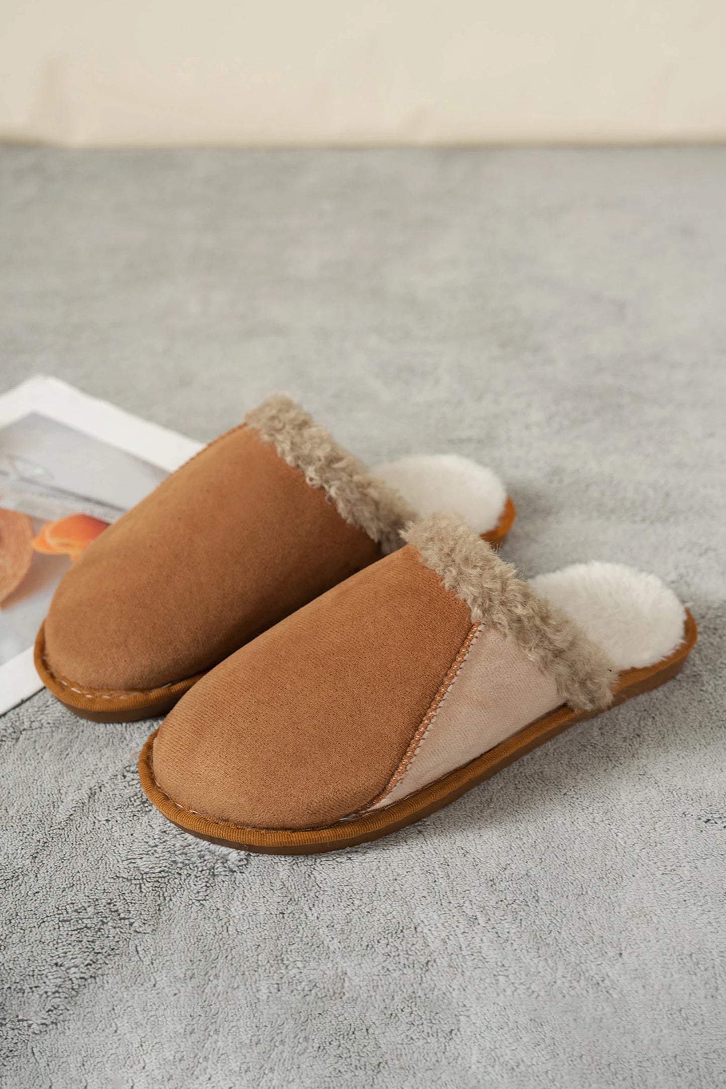 Camel Faux Suede Color Block Patchwork Sherpa Plush Lined Slippers