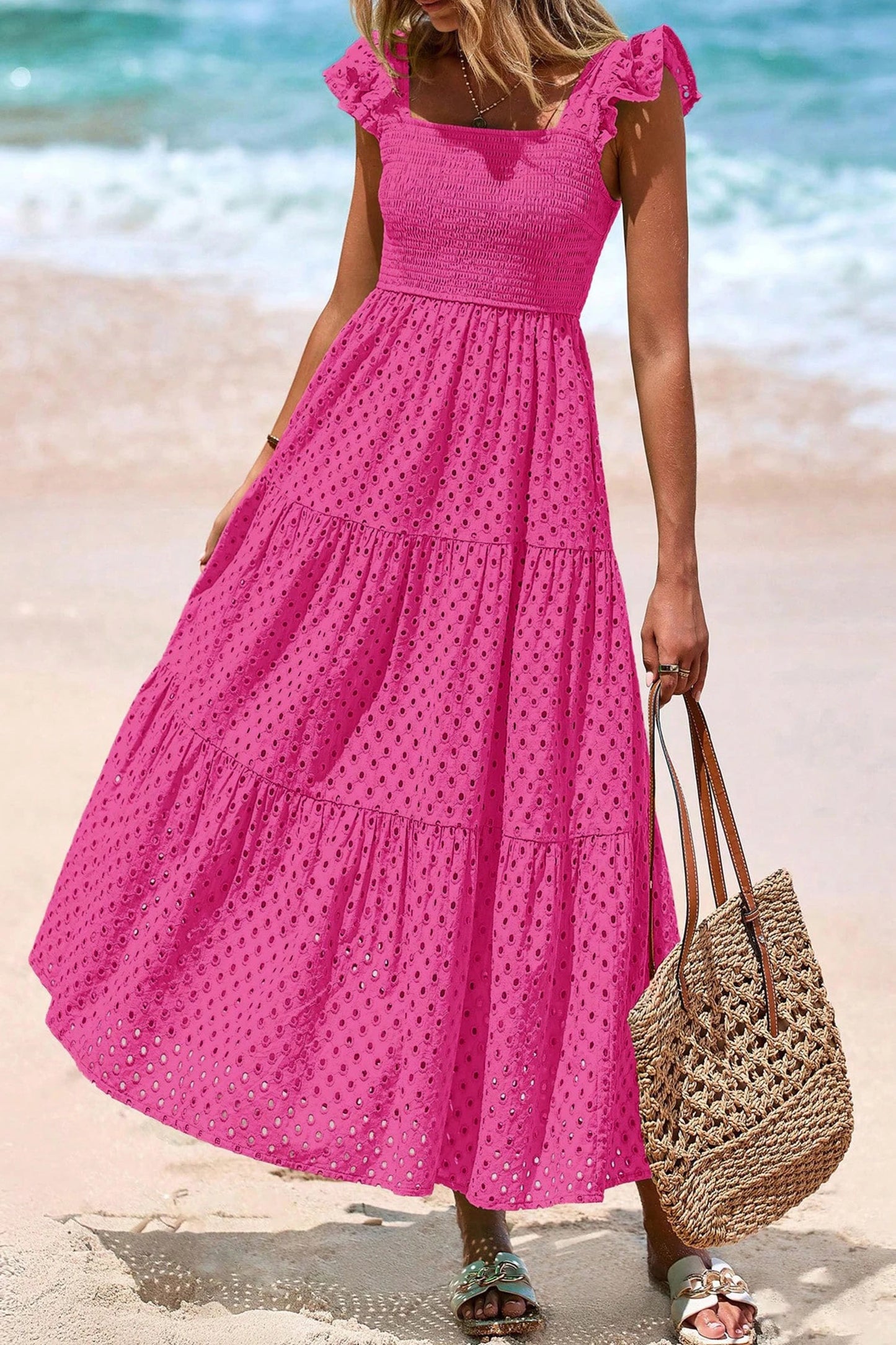 Bright Pink Embroidered Ruffled Sleeveless Tiered Maxi Dress with Pockets