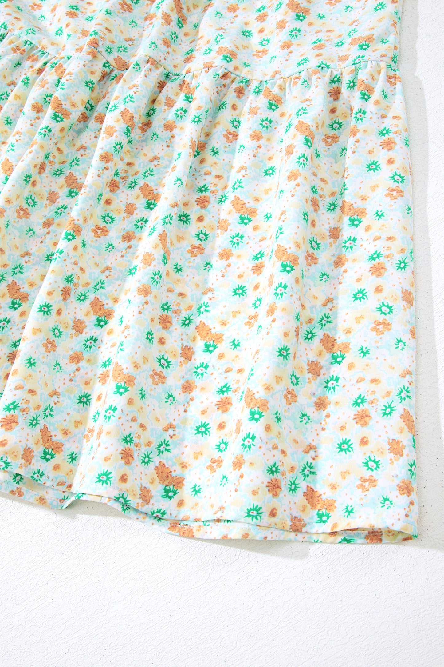 Green Floral Short Bubble Sleeve Shirred High Waist Maxi Dress