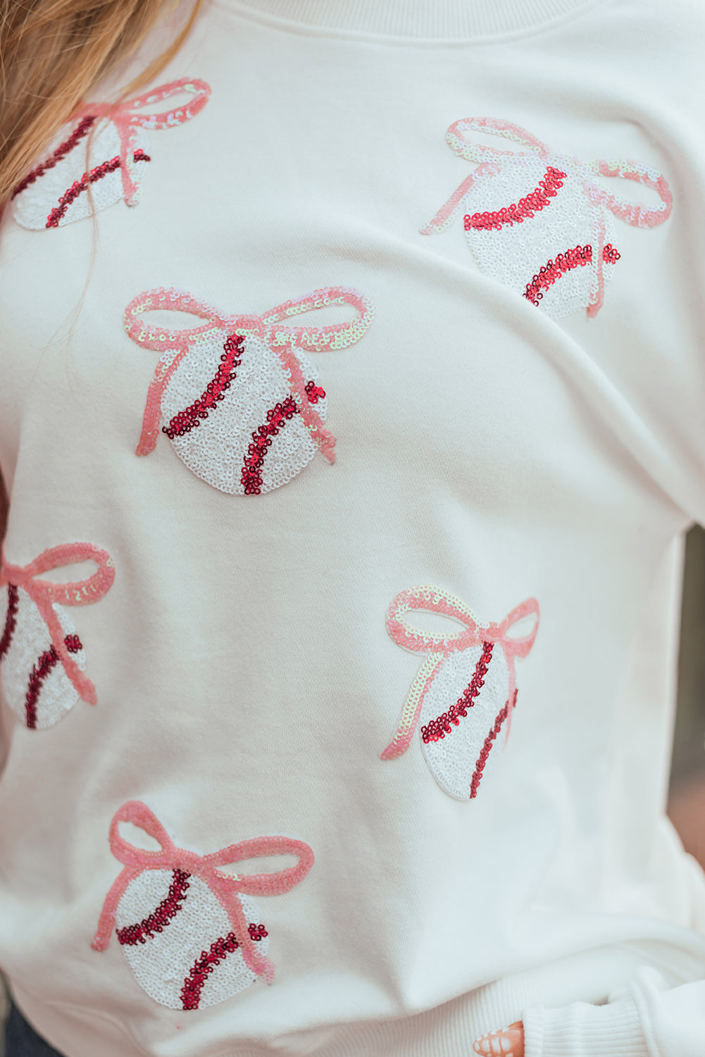 White Sequin Bow Baseball Patched Casual Sweatshirt
