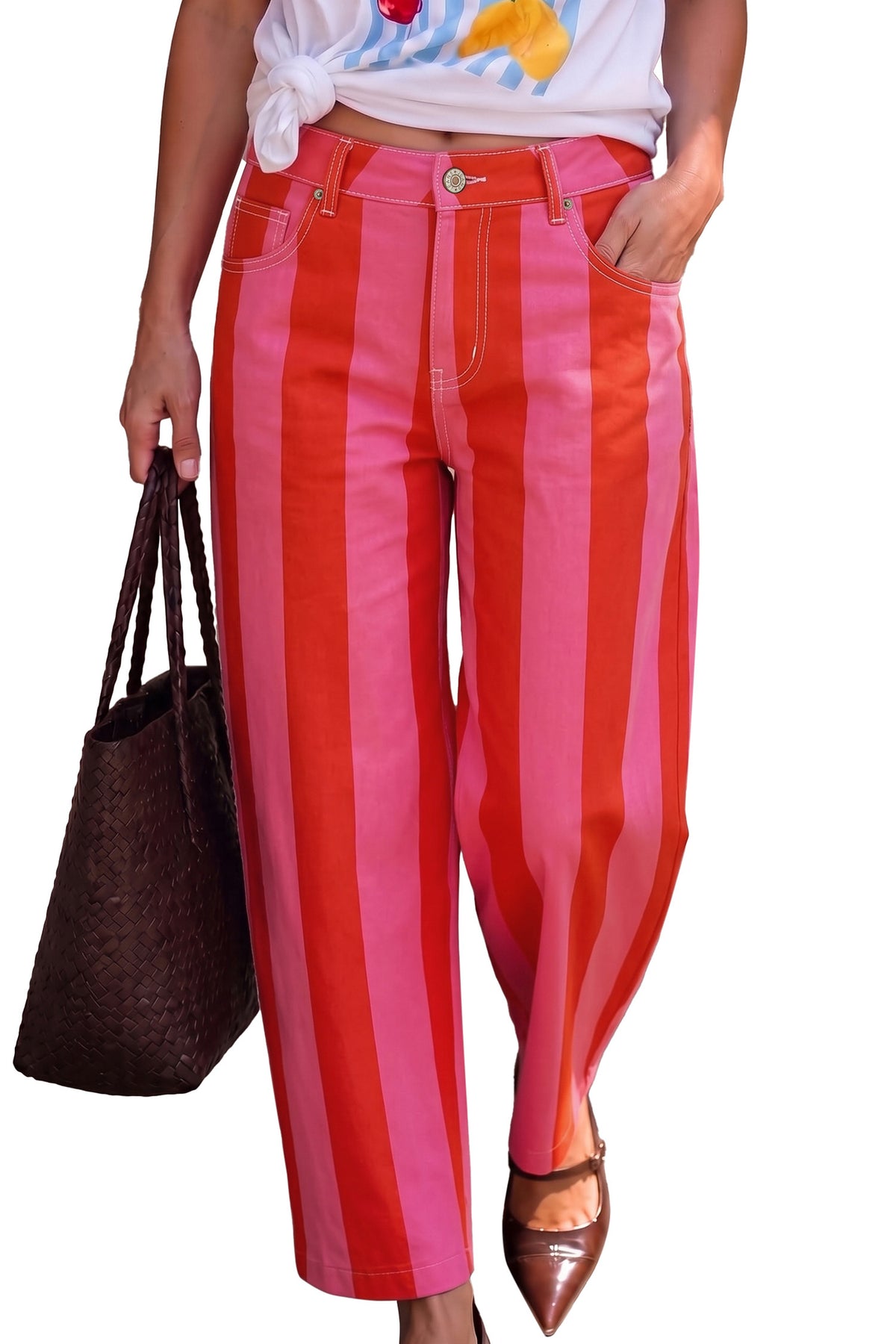 Brown Stripe Nature Waist Casual Shift Jeans