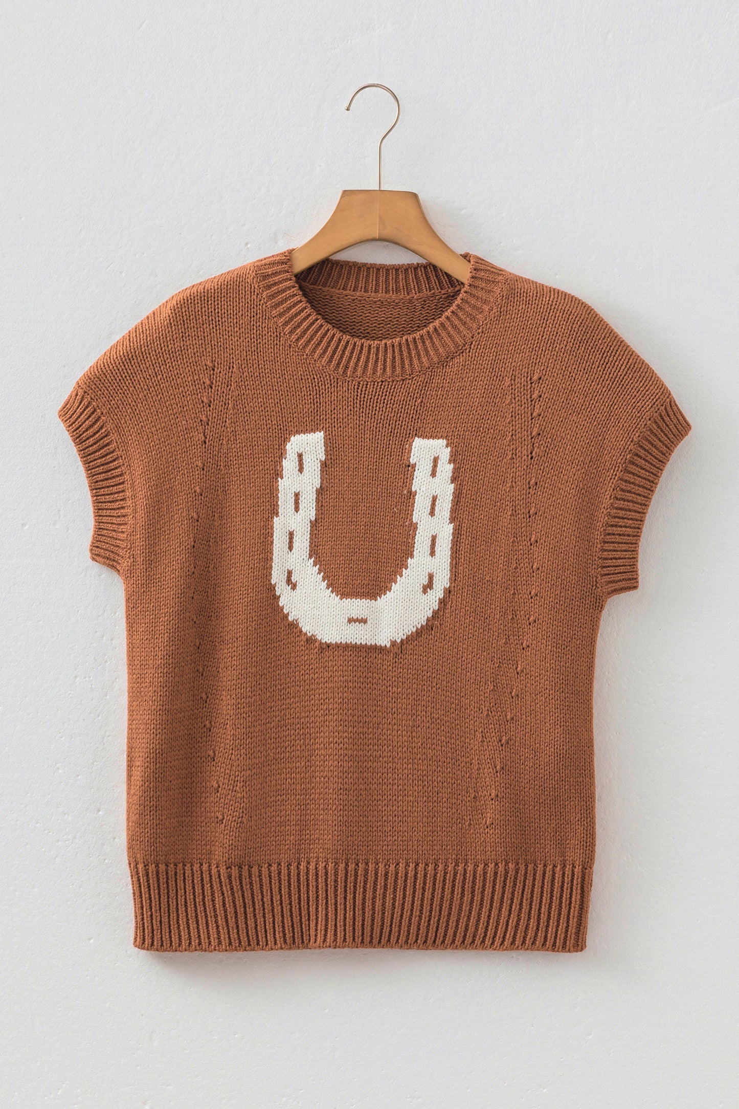 Chestnut Western Horseshoe Pattern Short Sleeve Knit Sweater
