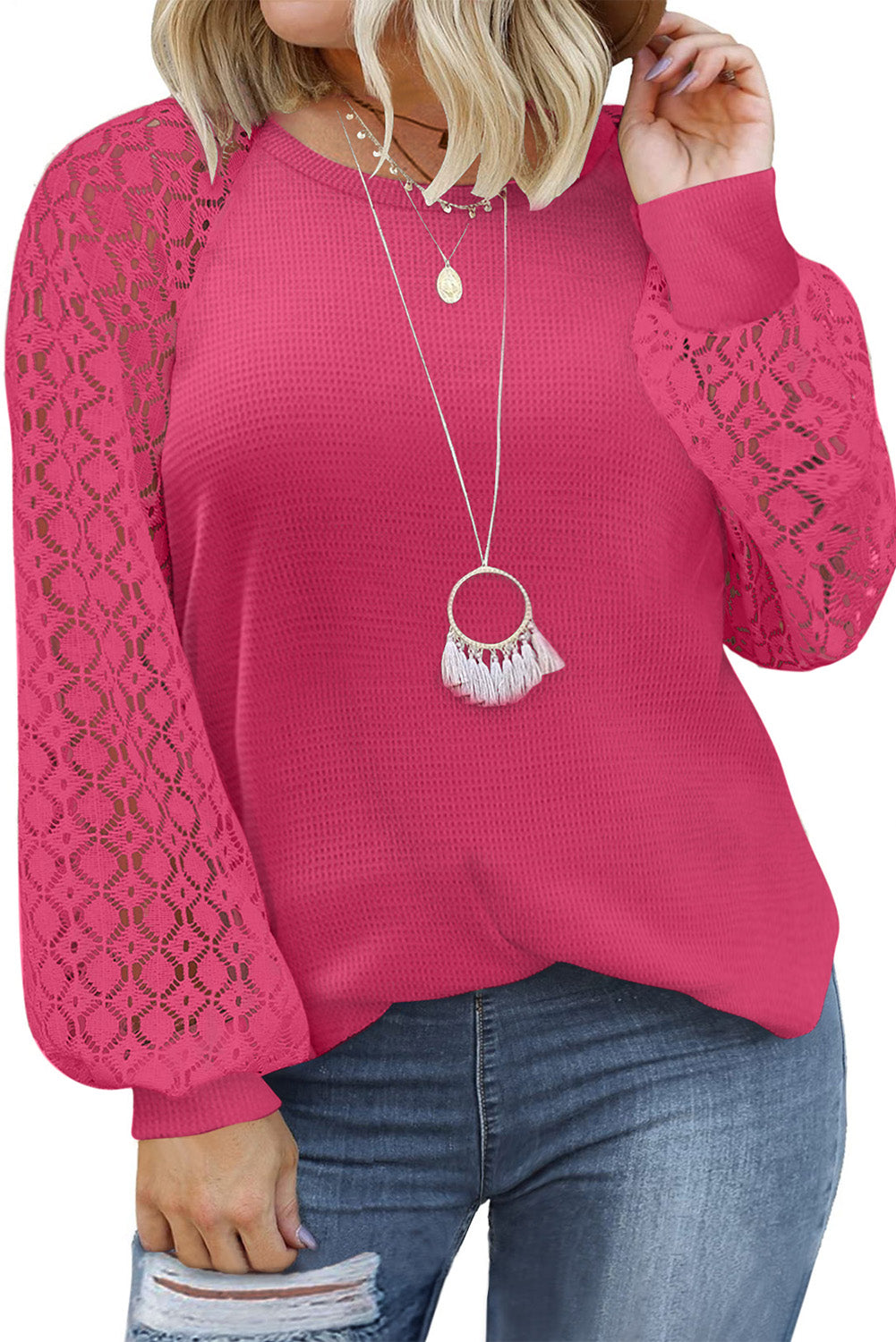 Black Lace Long Sleeve Textured Pullover