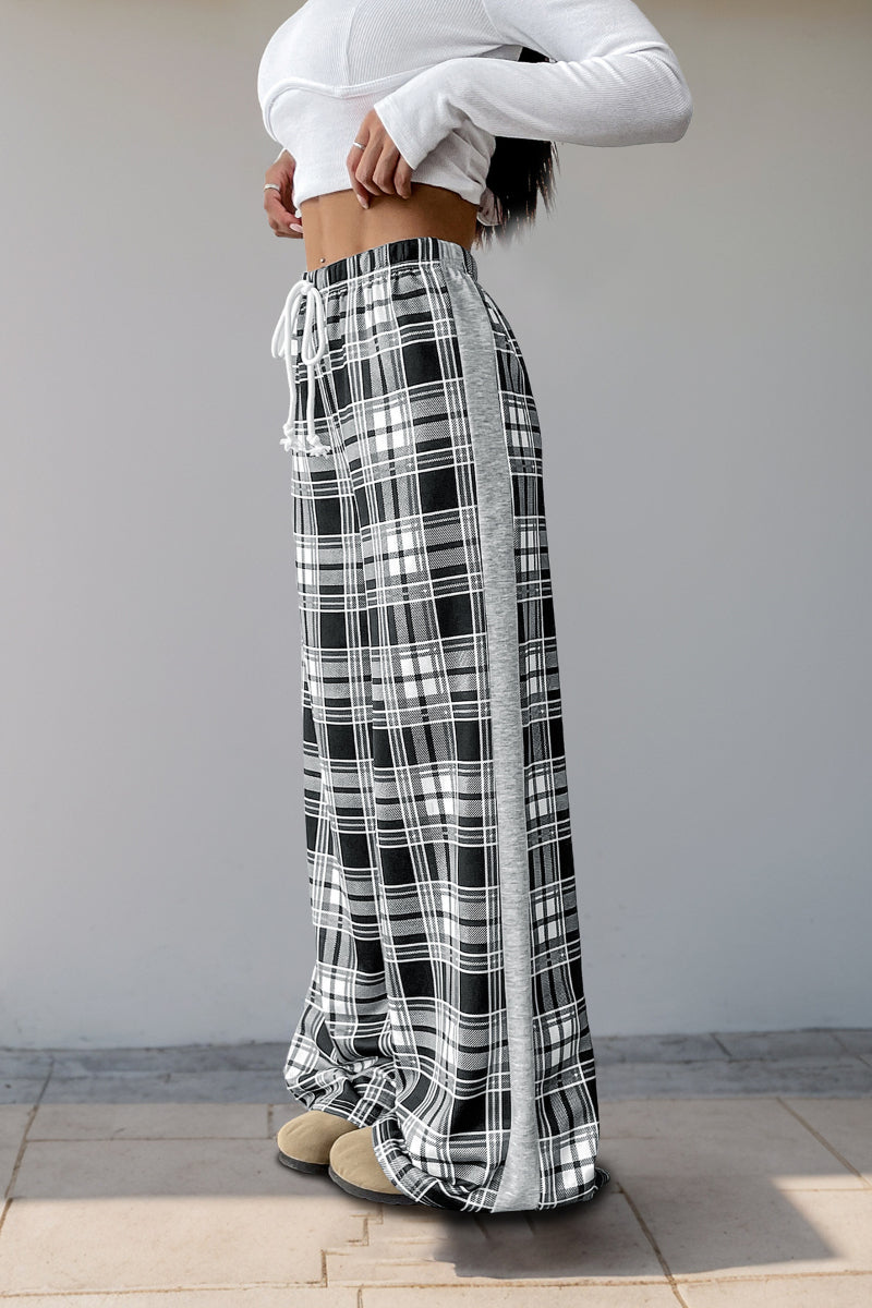 High Waist Plaid Wide Leg Pants Black and White Trousers
