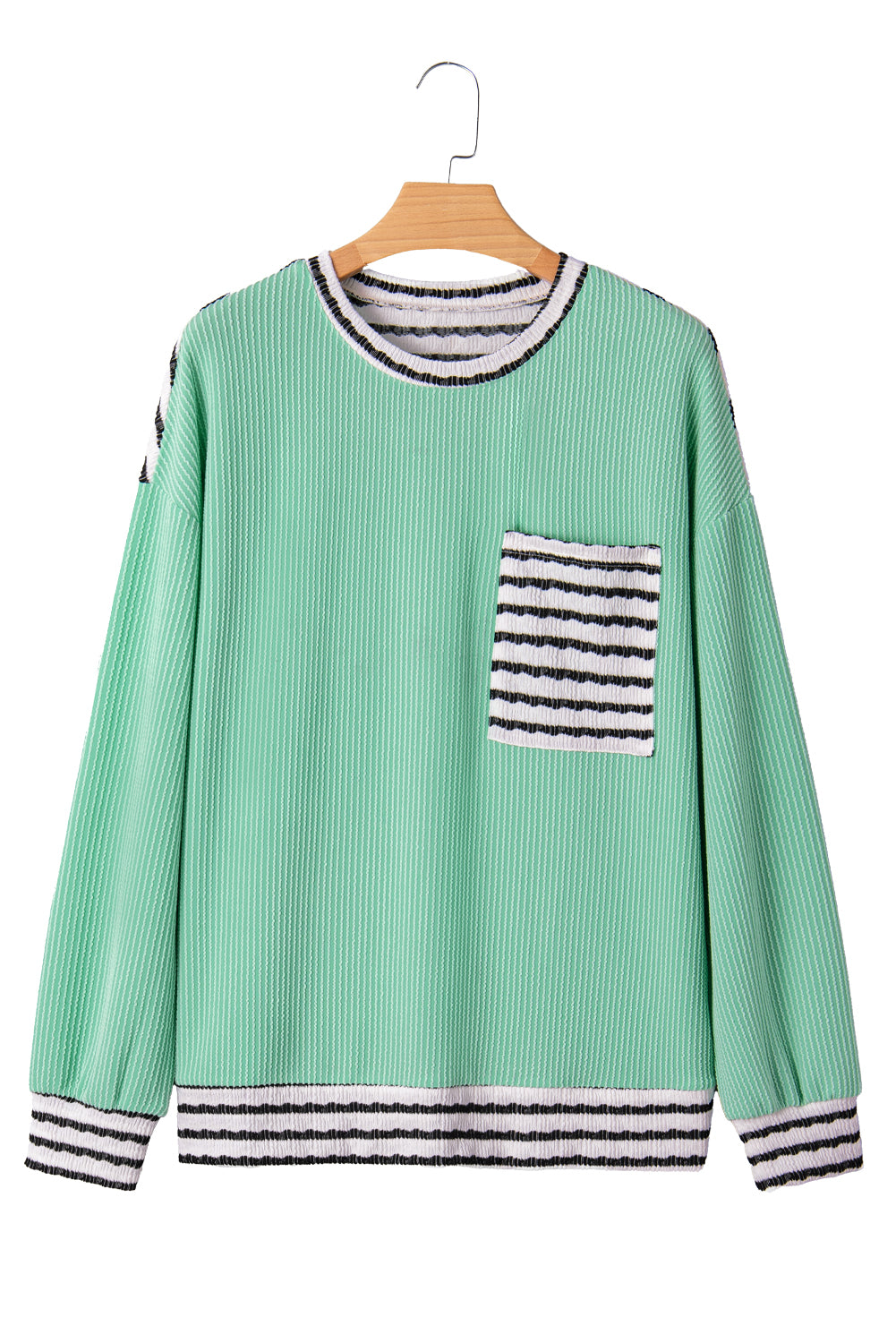 Sea Green Twisted Ribbed Contrast Round Neck Striped Patchwork Long Sleeve Top