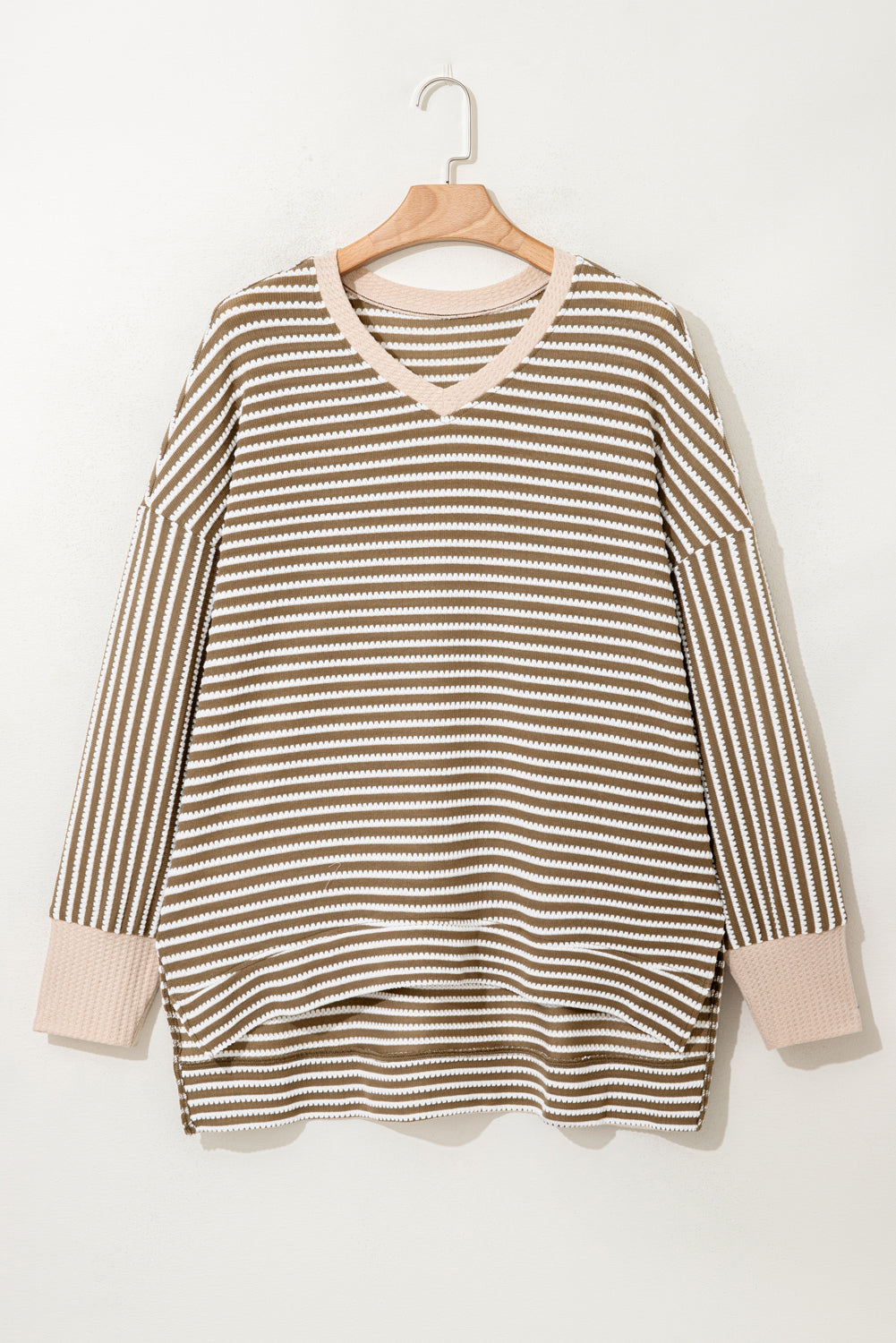 Khaki Stripe Textured Dolman Sleeve High Low Plus Size Top