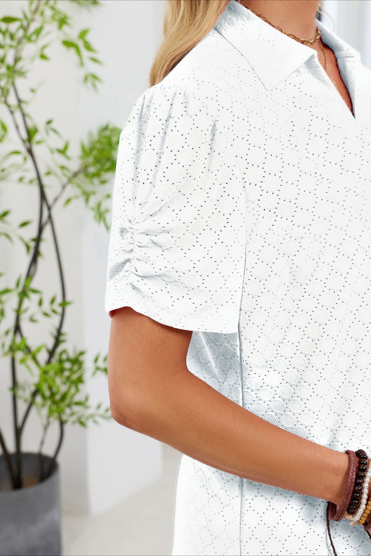Women's V-Neck Puff Sleeve Polo Shirt Loose Casual Summer Top