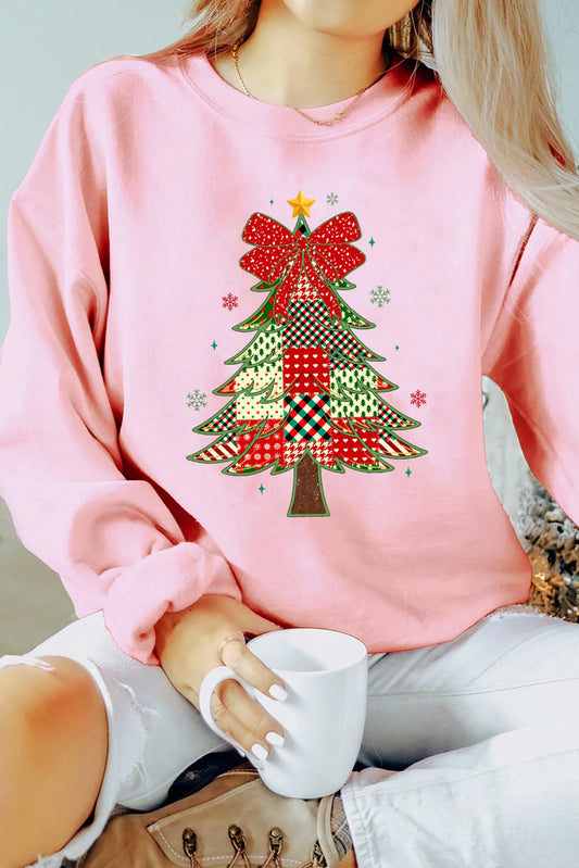 Pink Multi-pattern Checkered Christmas Tree Womens Drop Shoulder Sweatshirt