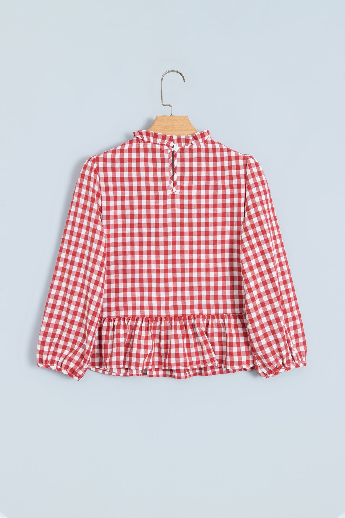 Brown 3/4 Sleeve Shirred Plaid Peplum Top