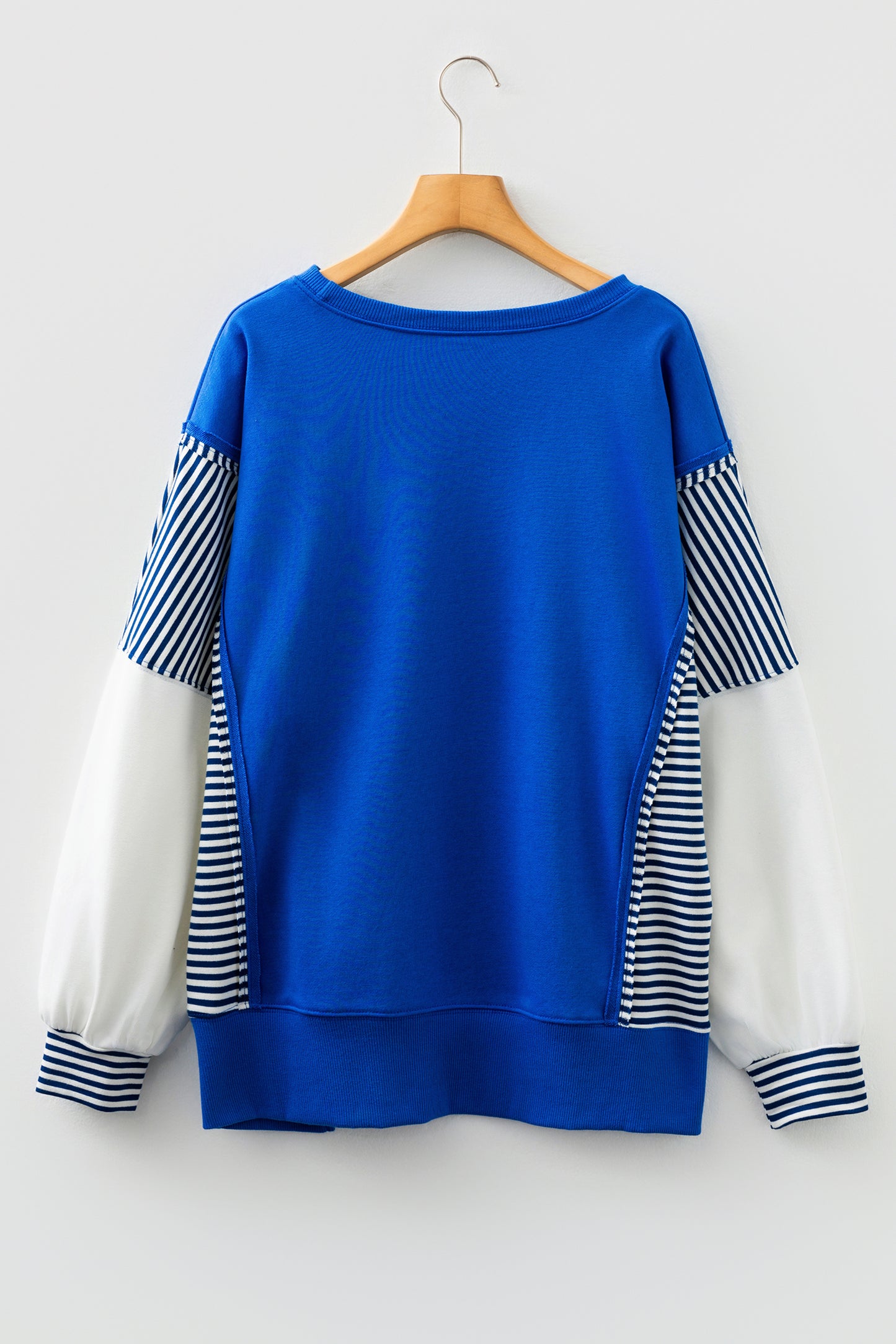 Dark Blue Striped Patchwork Sleeve Colorblock Sweatshirt