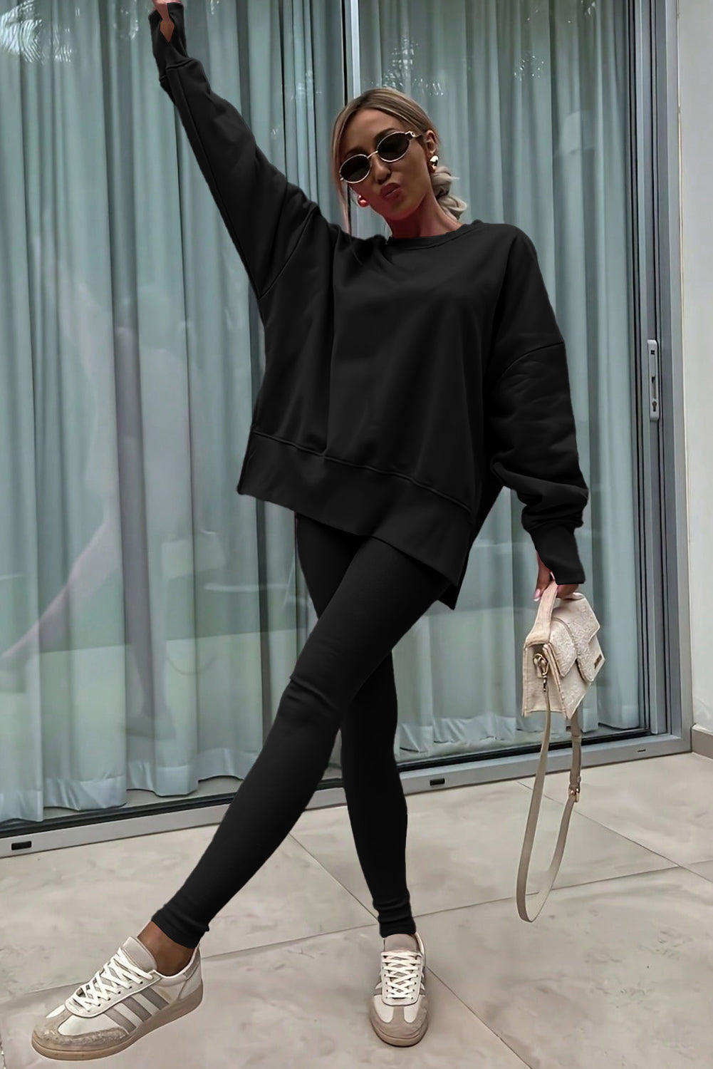 Jet Stream Solid Color Oversize Slit Sweatshirt Ribbed Leggings 2pcs Set