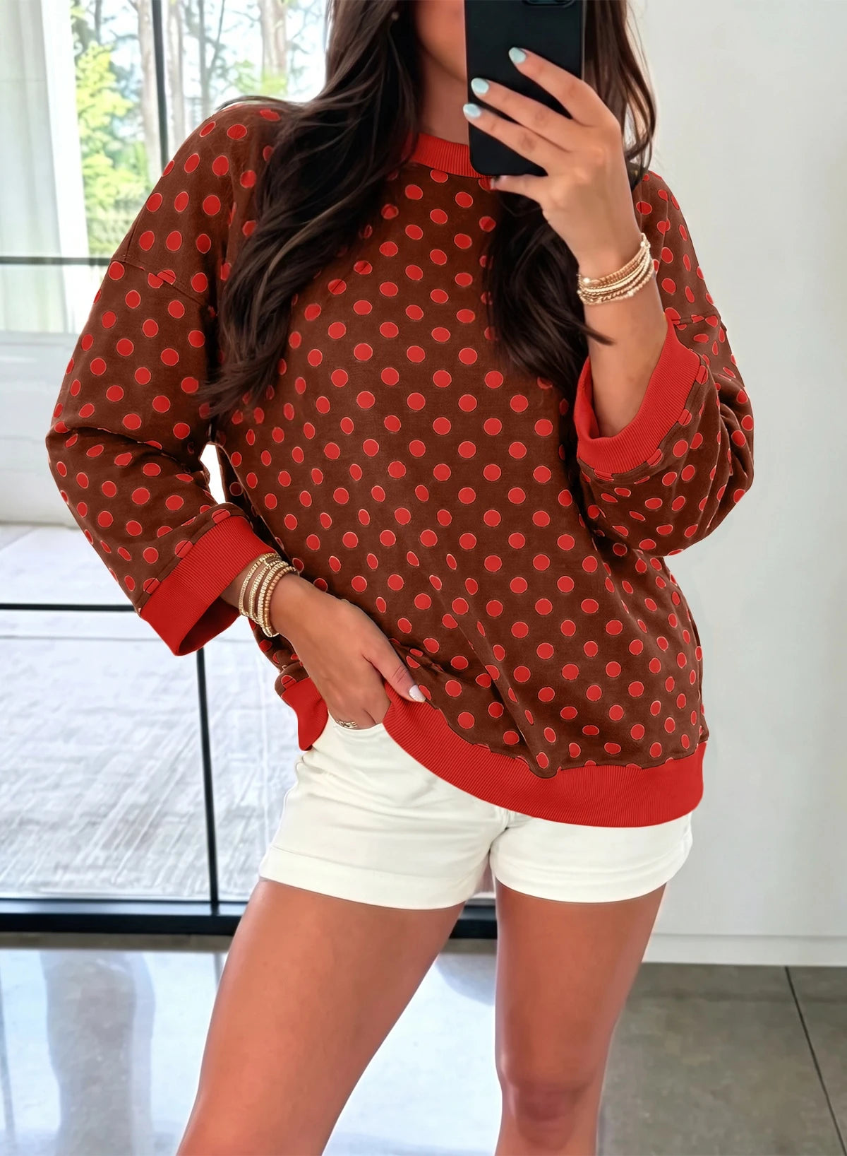 Blue Polka Dot Print Contrast Trim Round Neck Bracelet Sleeve Top