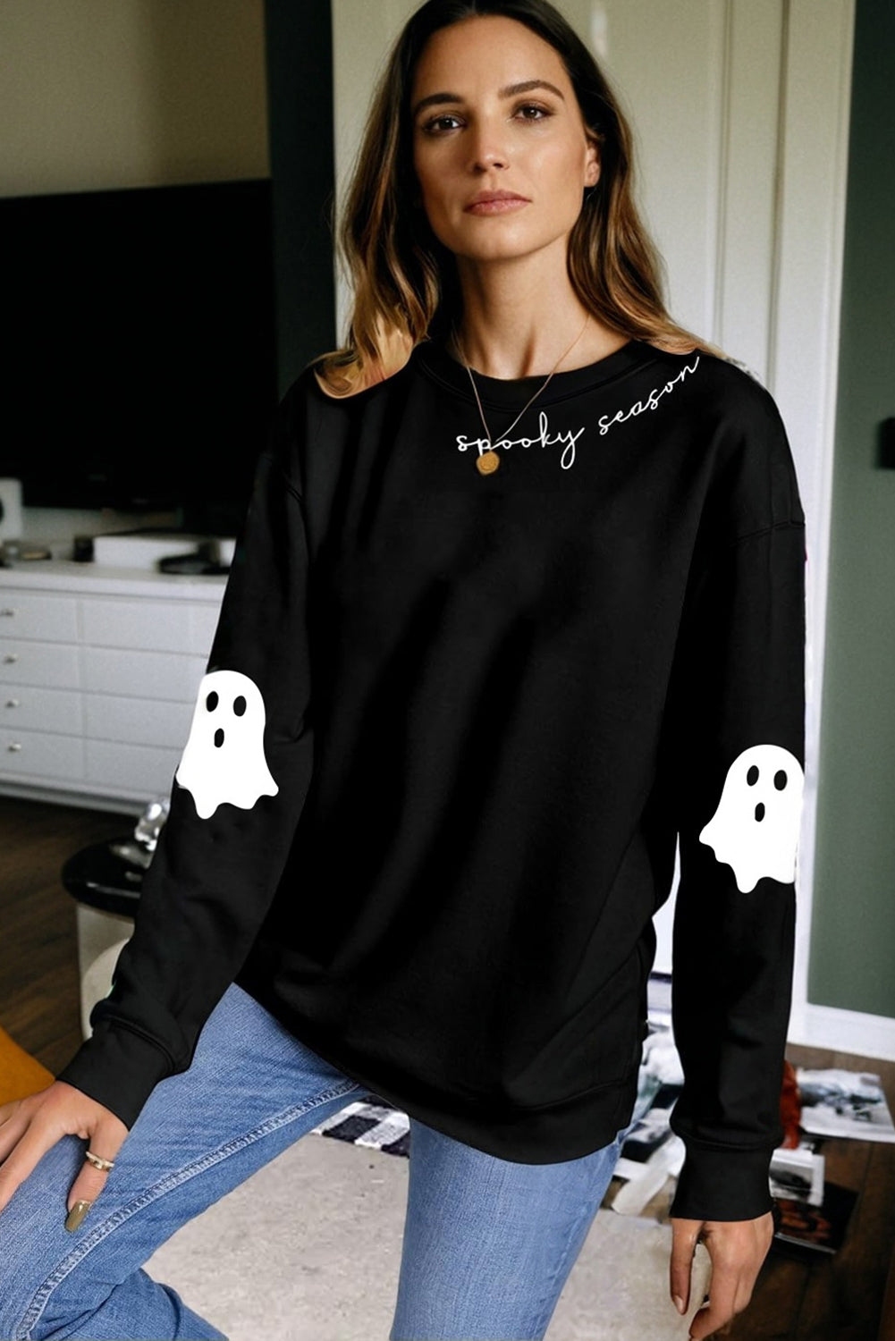 Black Spooky Season Halloween Ghost Printed Drop Shoulder Sweatshirt
