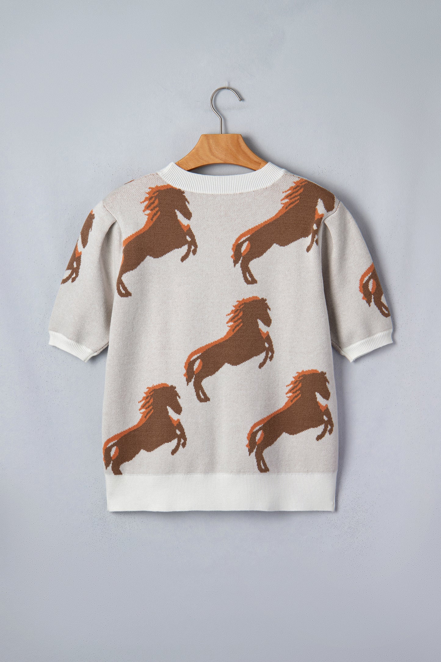 White Western Horse Print Short Sleeve Sweater Top