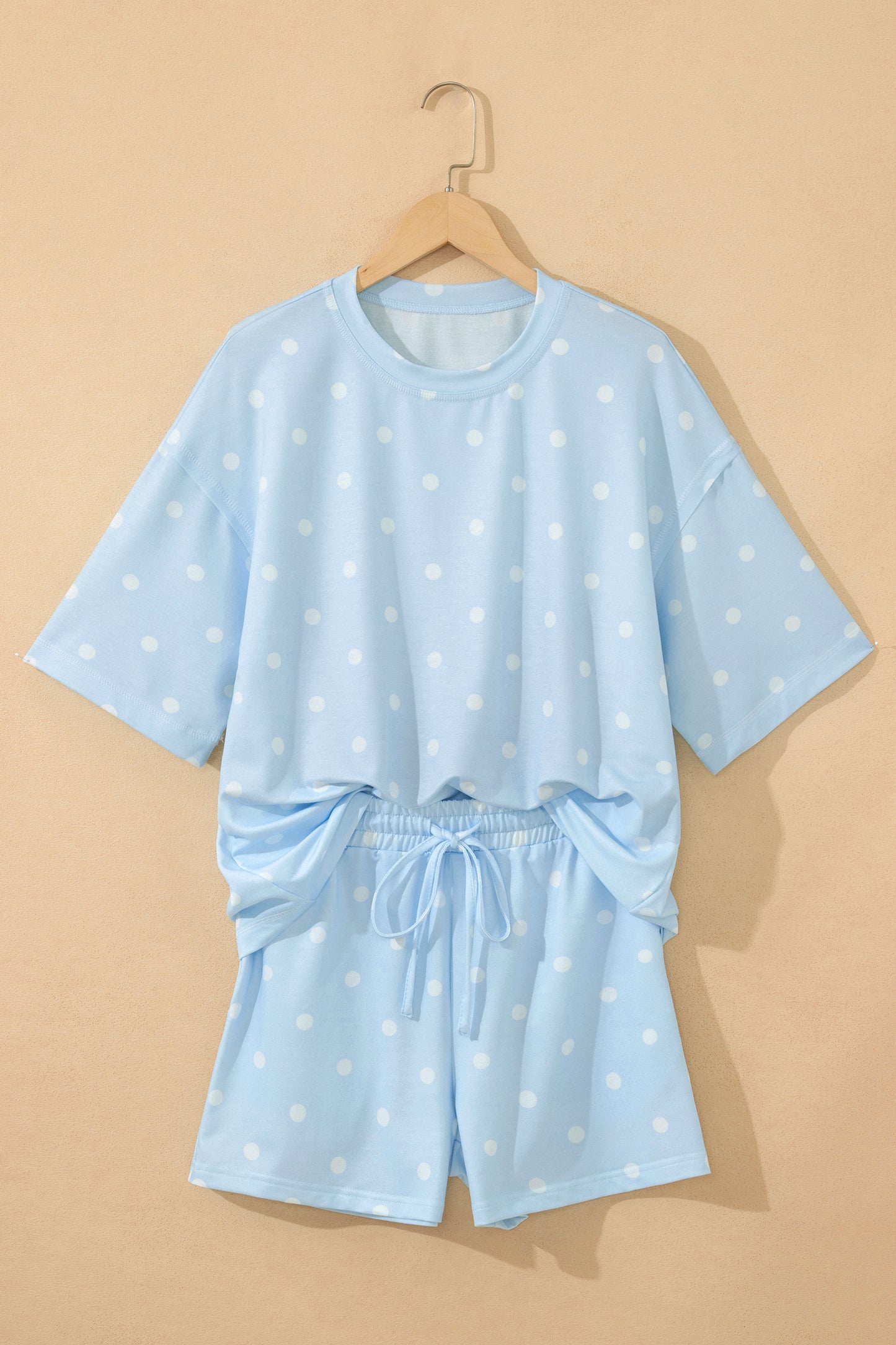 White Exposed Seam Detail Polka Dot Loose Tee Drawstring Shorts Set