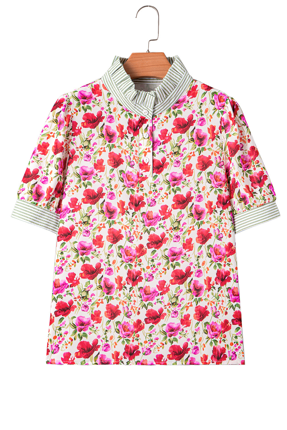 Red Floral Print Striped Patchwork Collared Short Sleeve Blouse