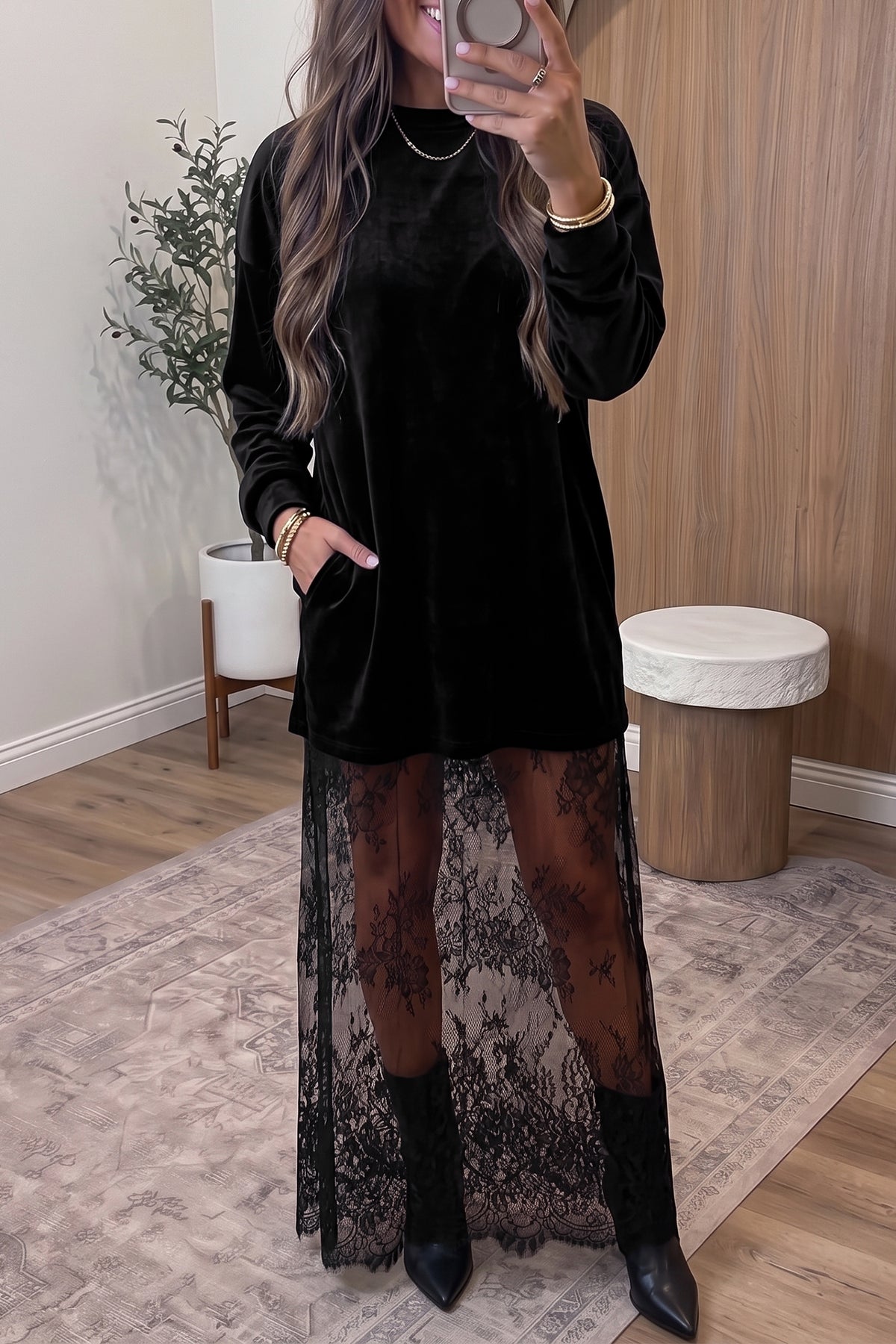 Blackish Green Velvet Long Sleeve Lace Splicing Hem Shift Maxi Dress